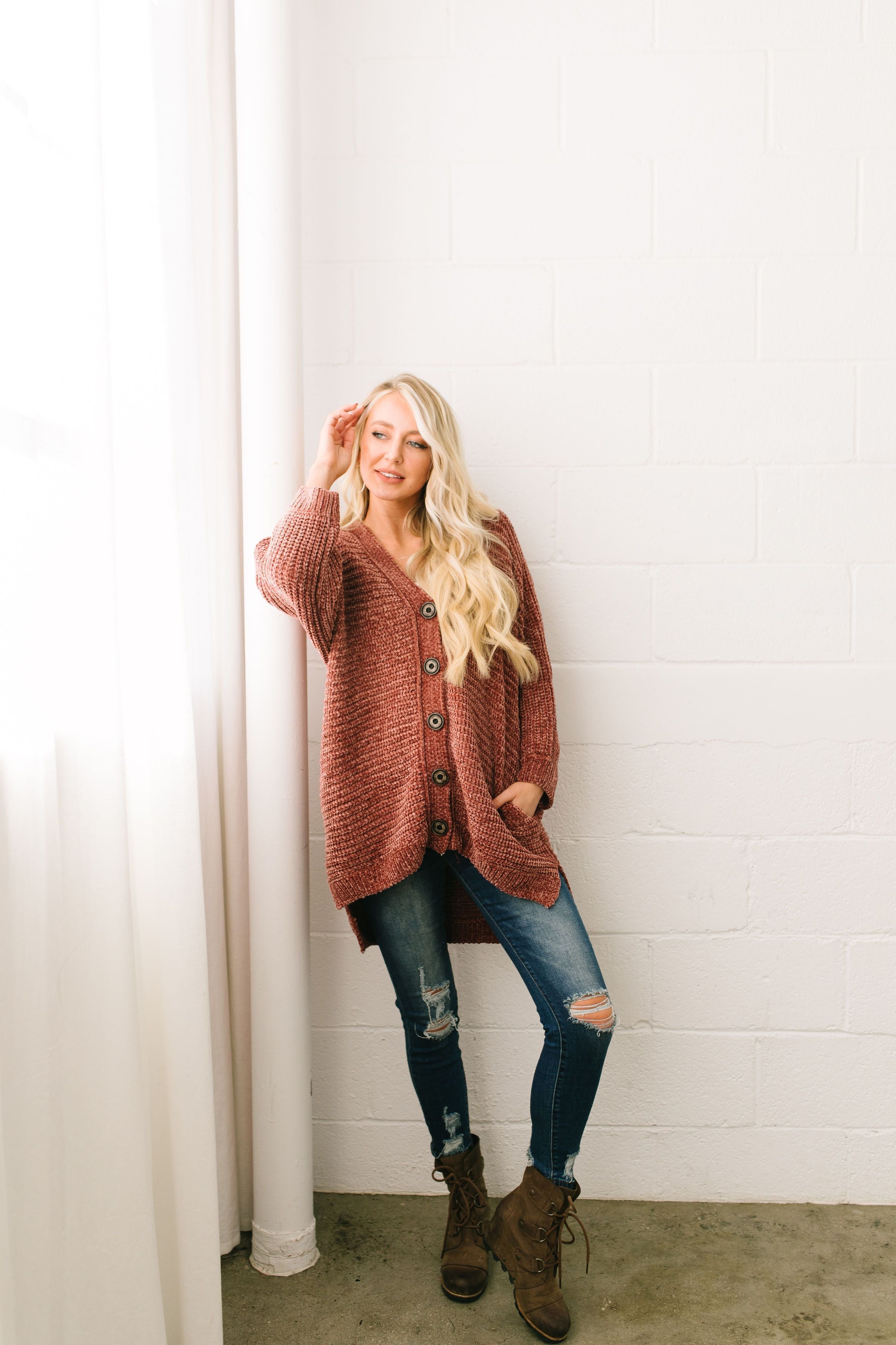 Faded Memories Chenille Cardigan In Rust