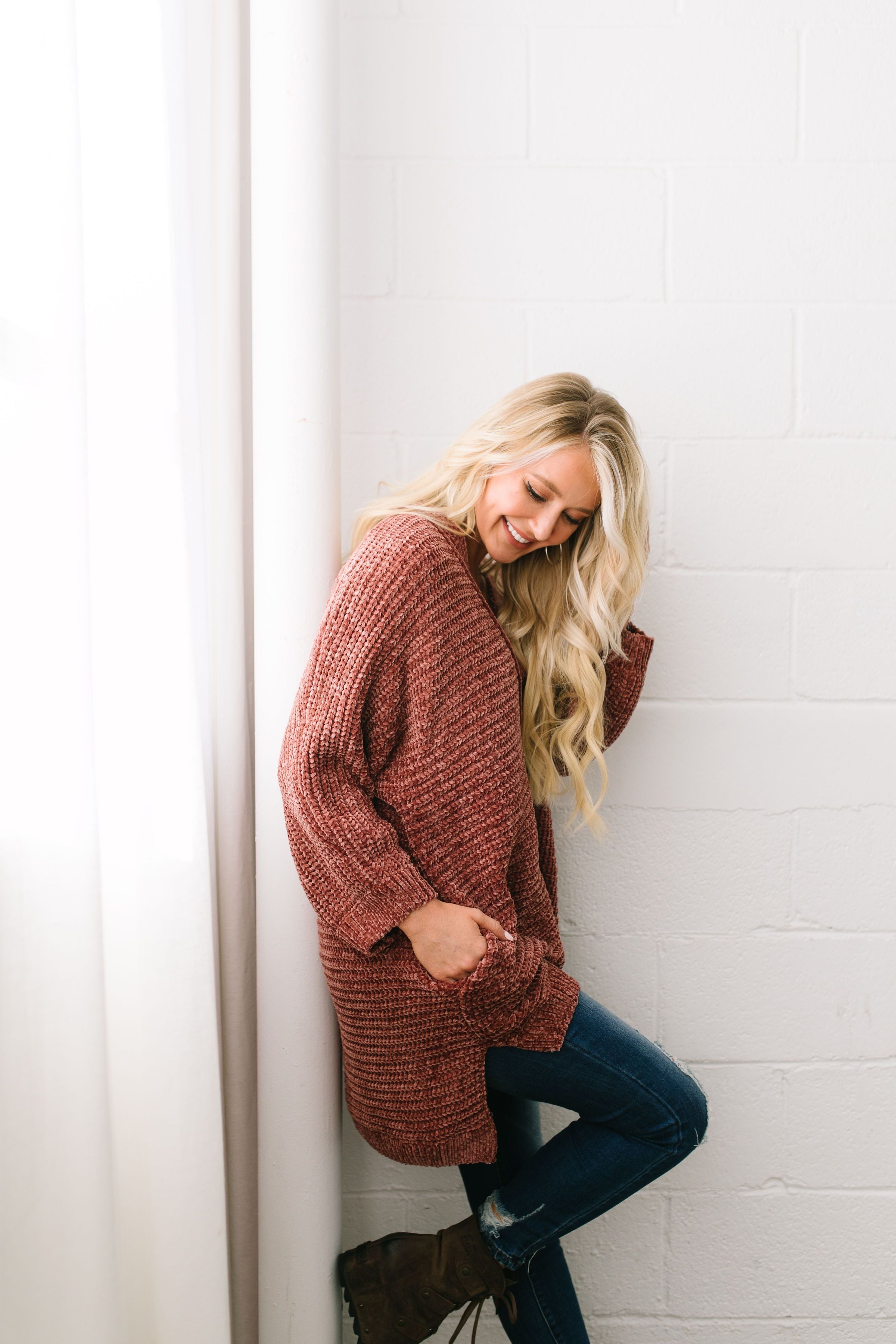 Faded Memories Chenille Cardigan In Rust