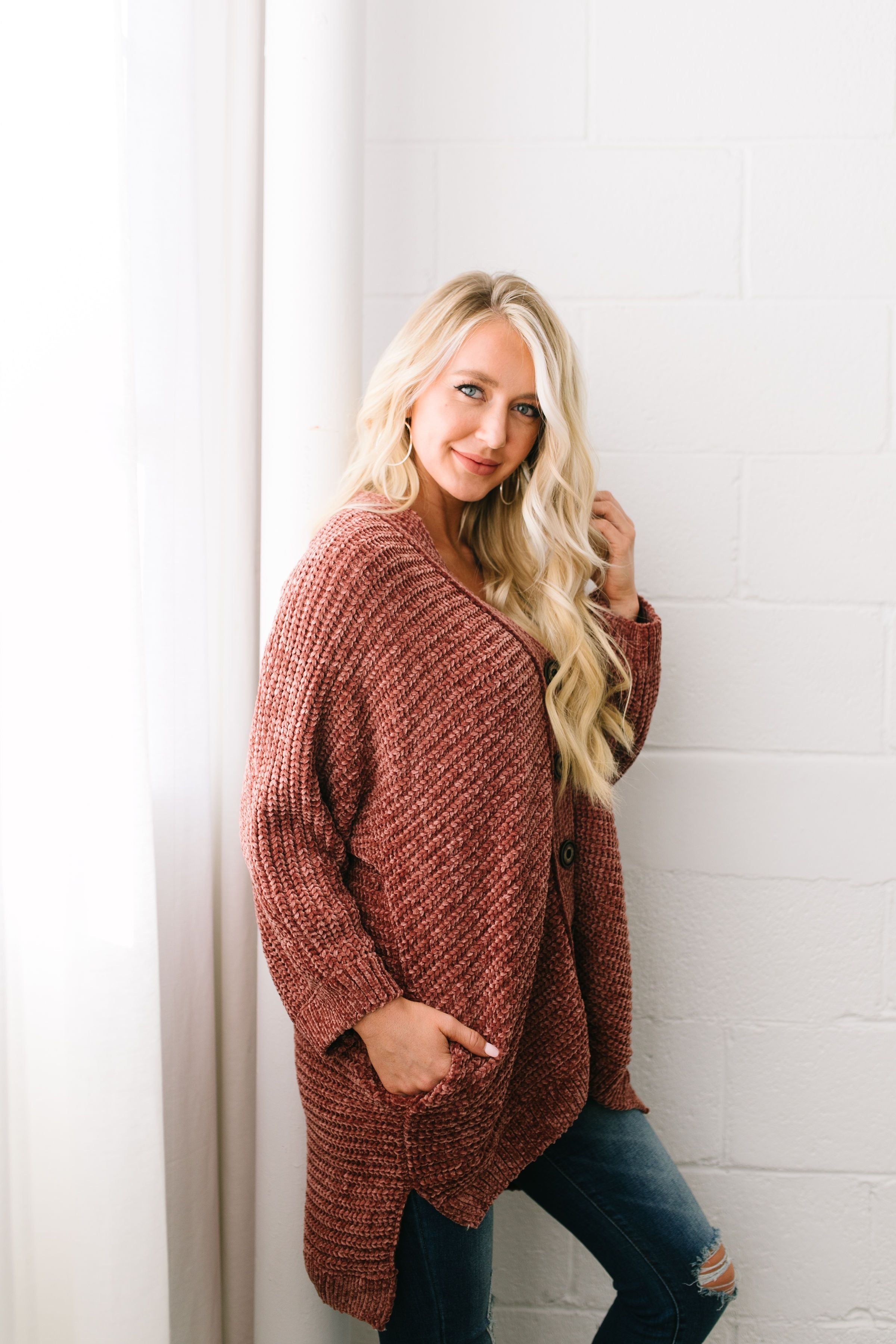 Faded Memories Chenille Cardigan In Rust