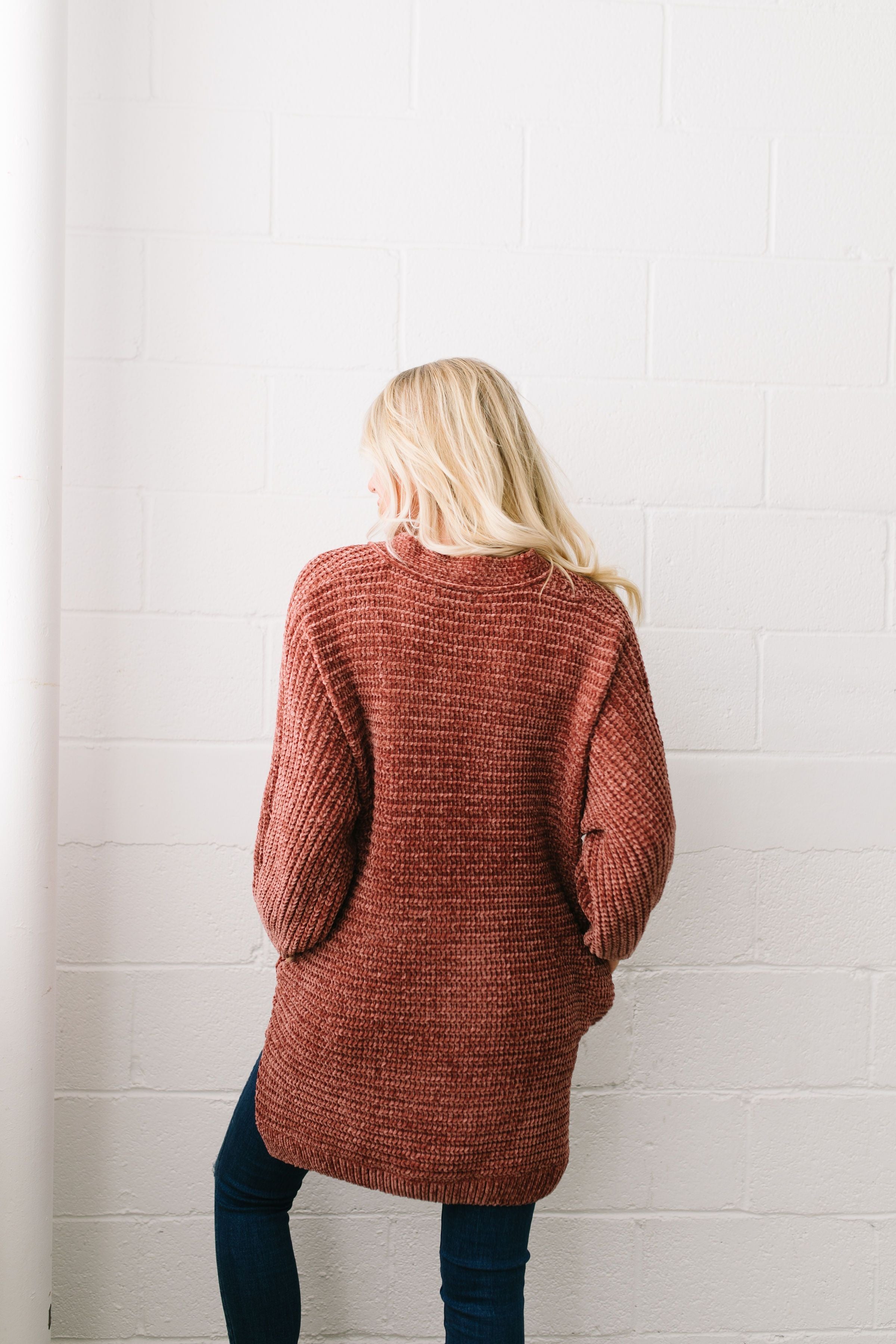 Faded Memories Chenille Cardigan In Rust