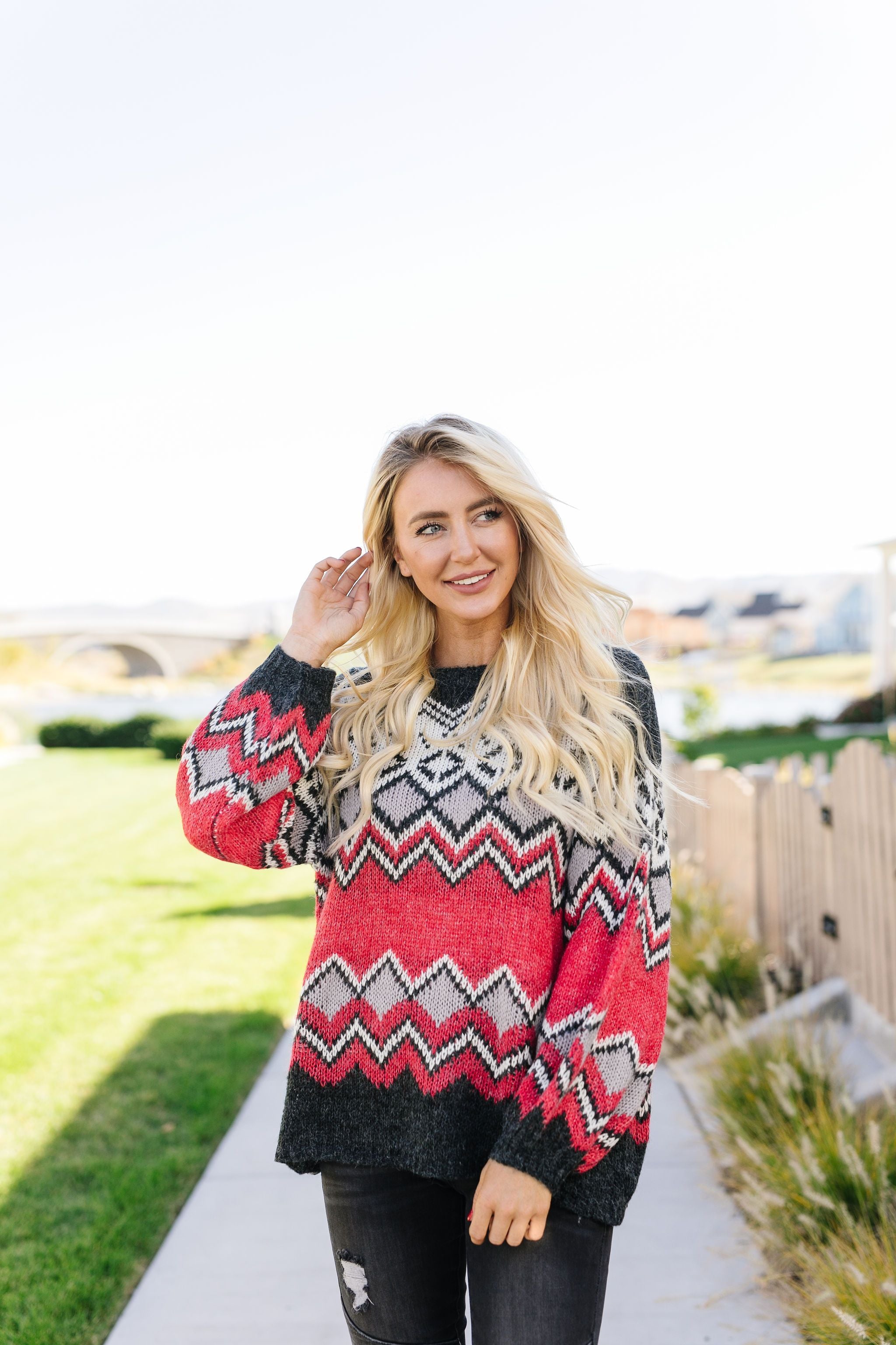 Fair Isle Sweater In Charcoal + Red