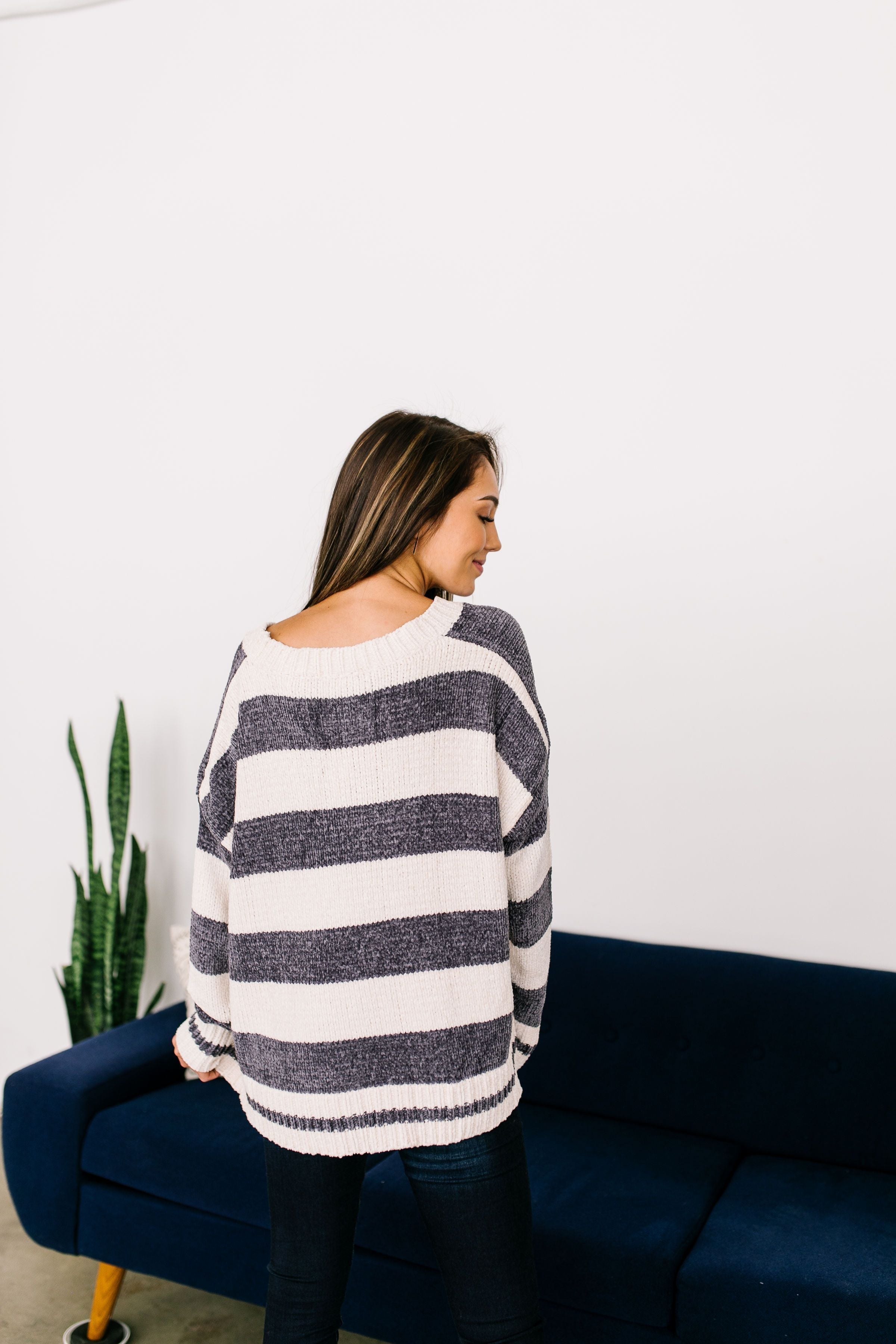 Flashback Friday Night Striped Sweater In Charcoal - ALL SALES FINAL