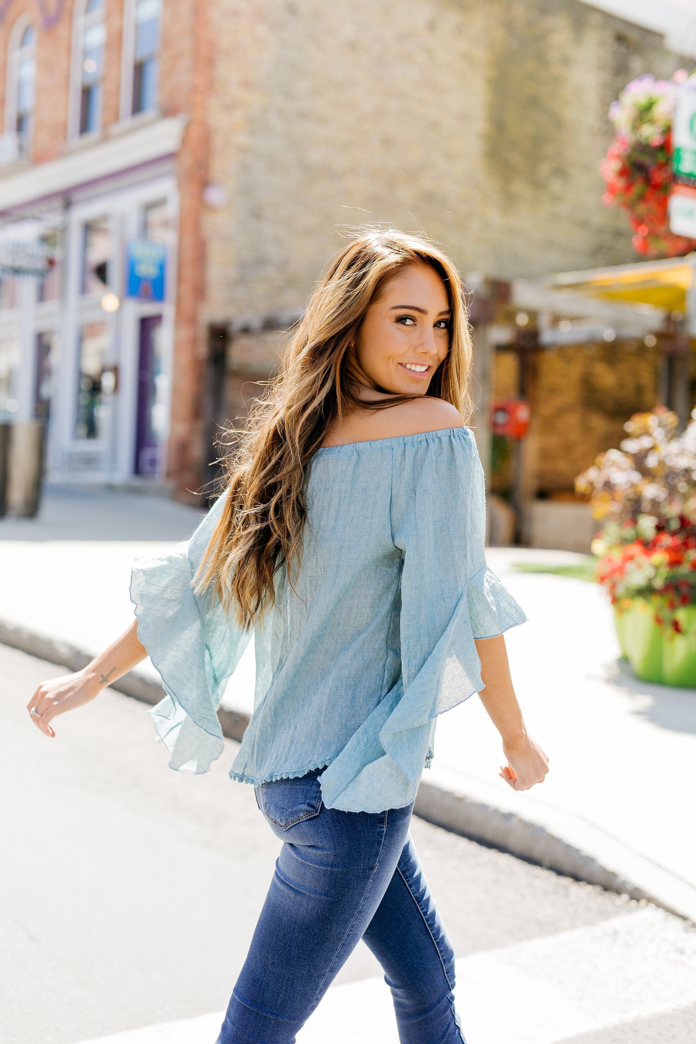 Flirty Flounce Top In Dusty Teal