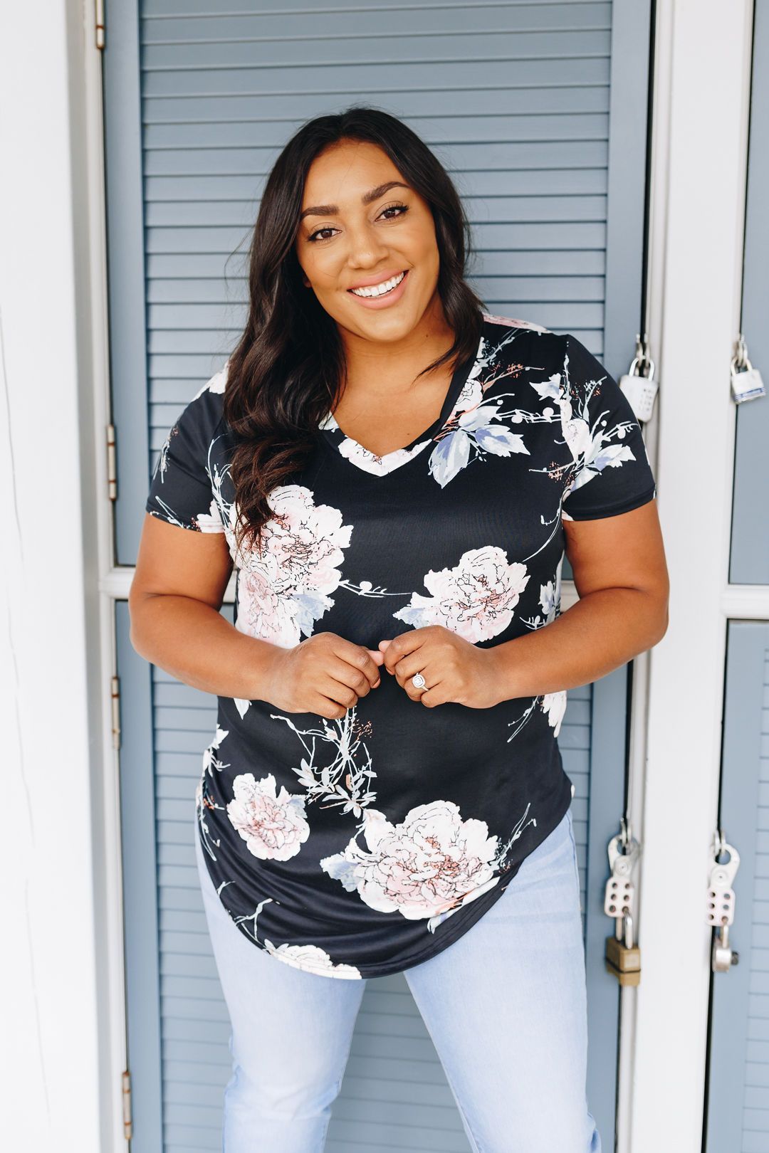 Floral Print V-Neck In Black