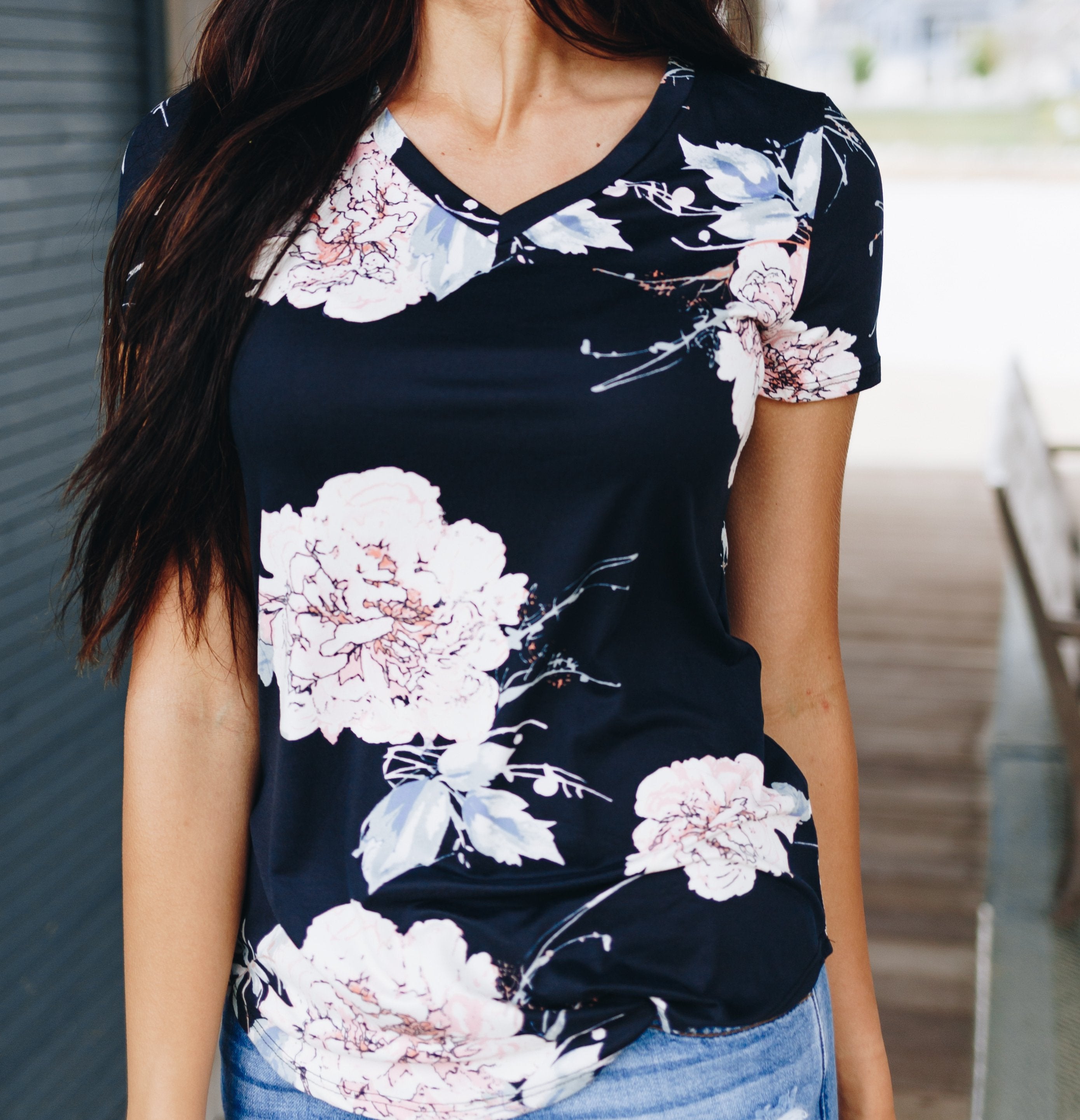Floral Print V-Neck In Black