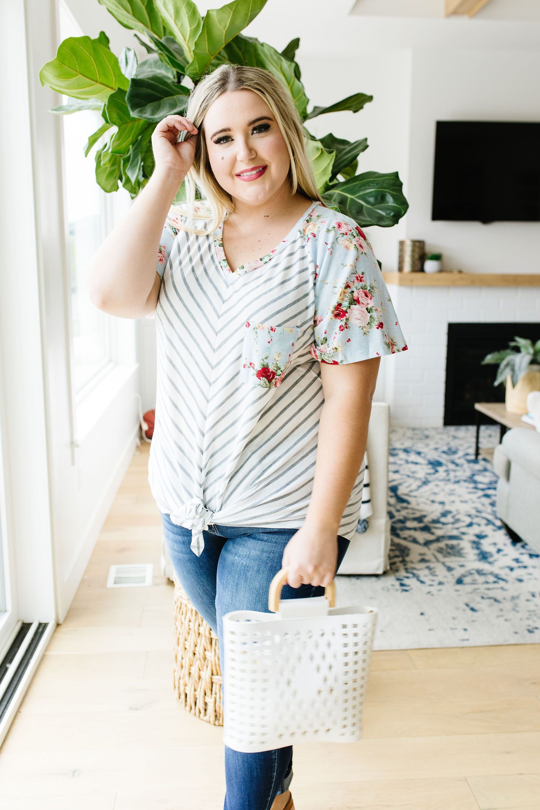 Flowers & Chevron Striped Top In Pale Blue