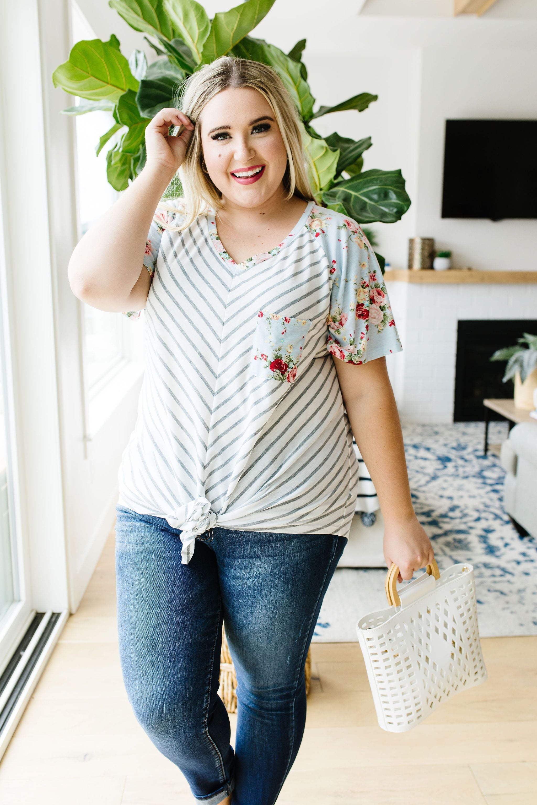 Flowers & Chevron Striped Top In Pale Blue