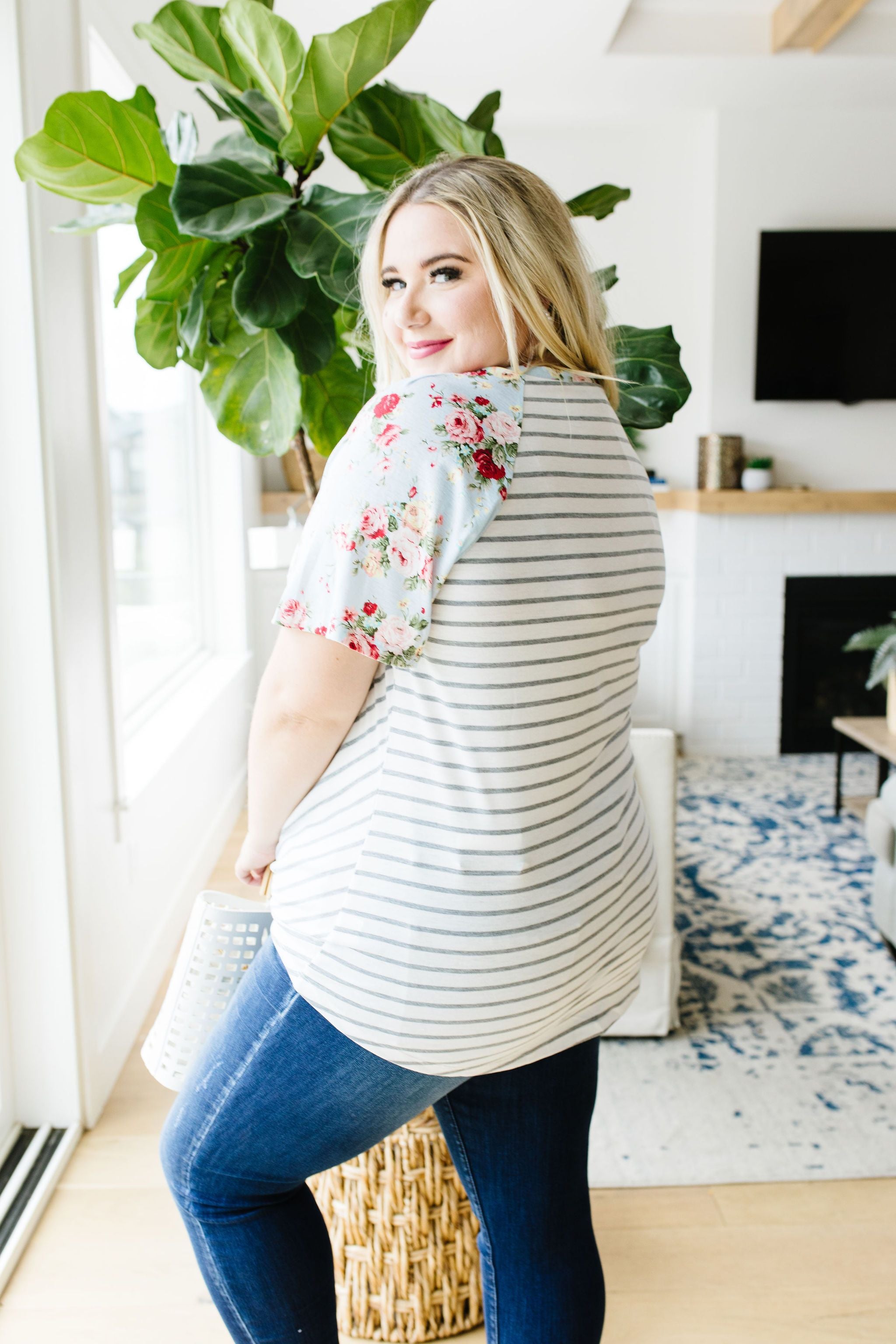 Flowers & Chevron Striped Top In Pale Blue