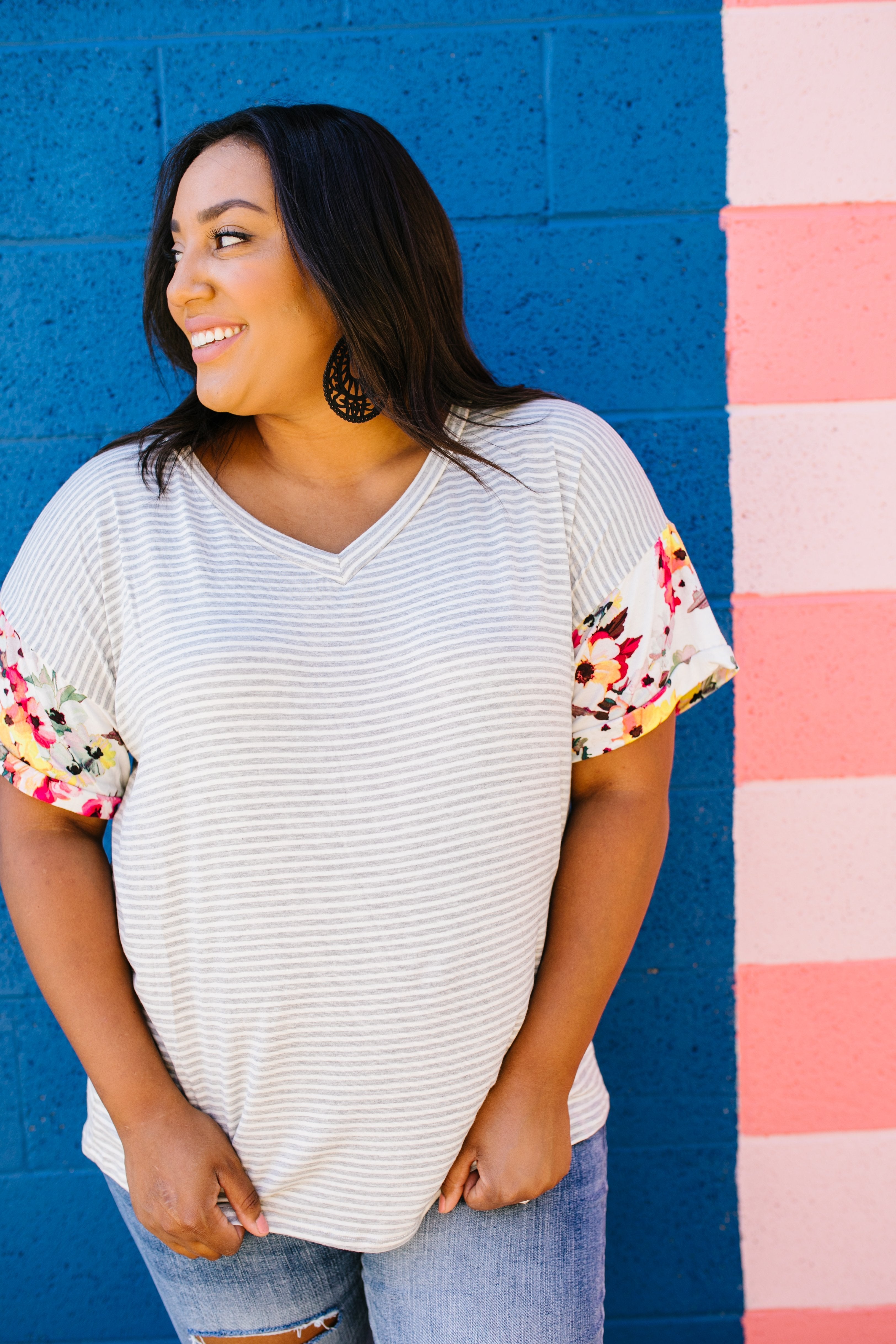 Flowers On The Sleeves Striped V-Neck