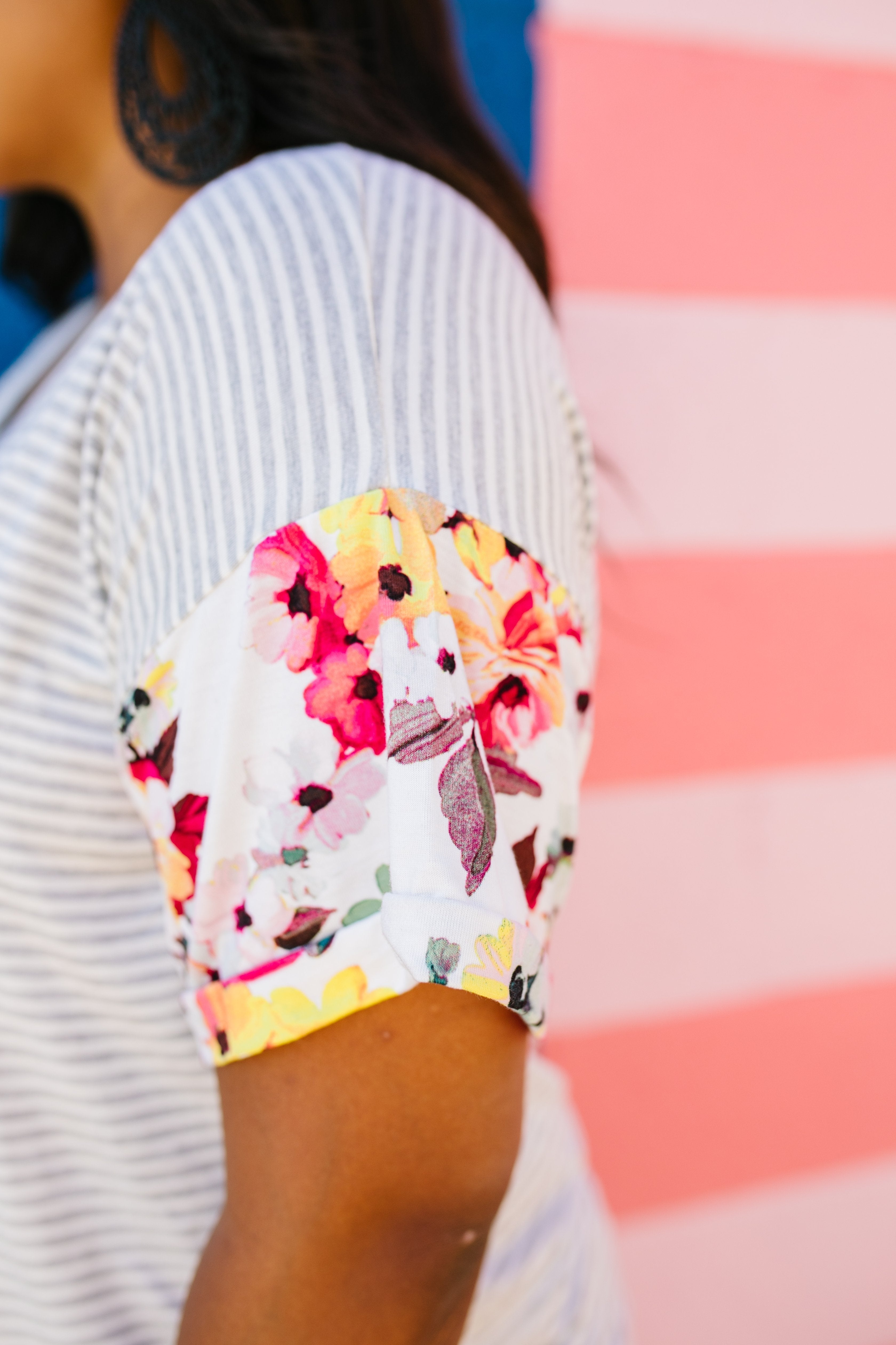 Flowers On The Sleeves Striped V-Neck