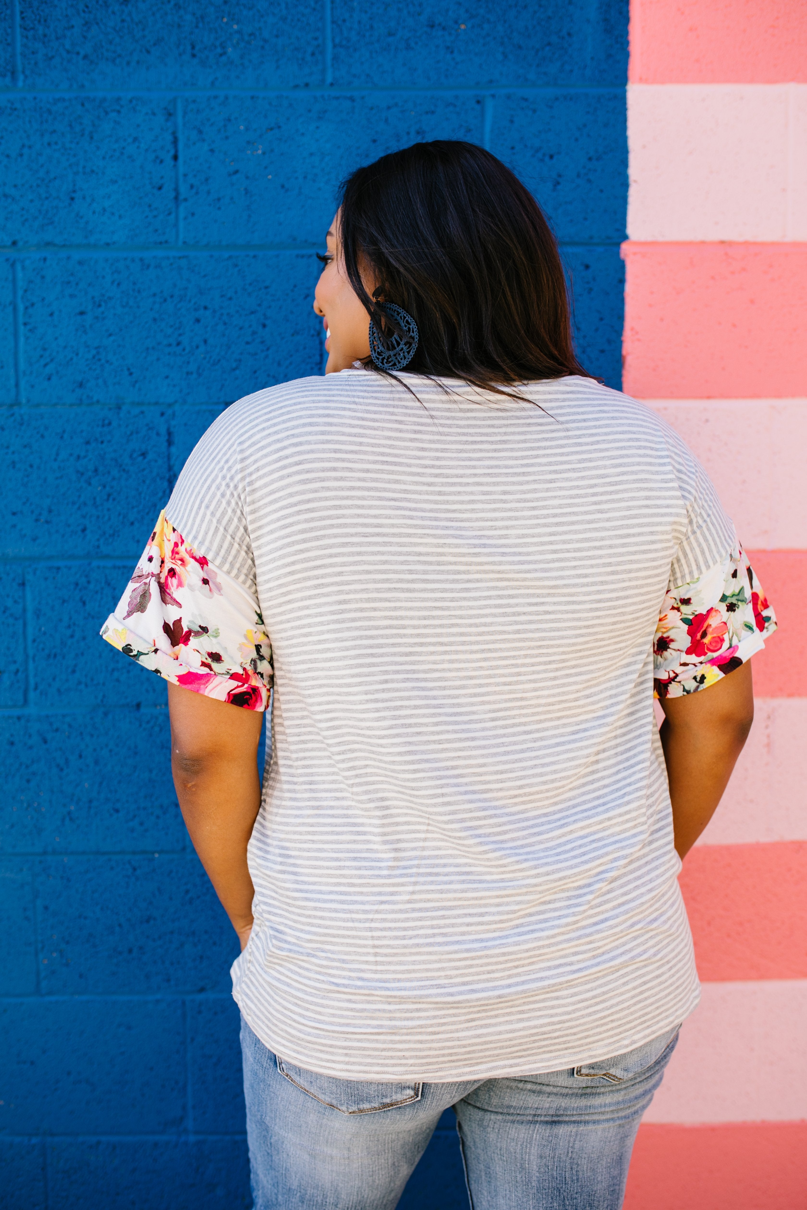 Flowers On The Sleeves Striped V-Neck