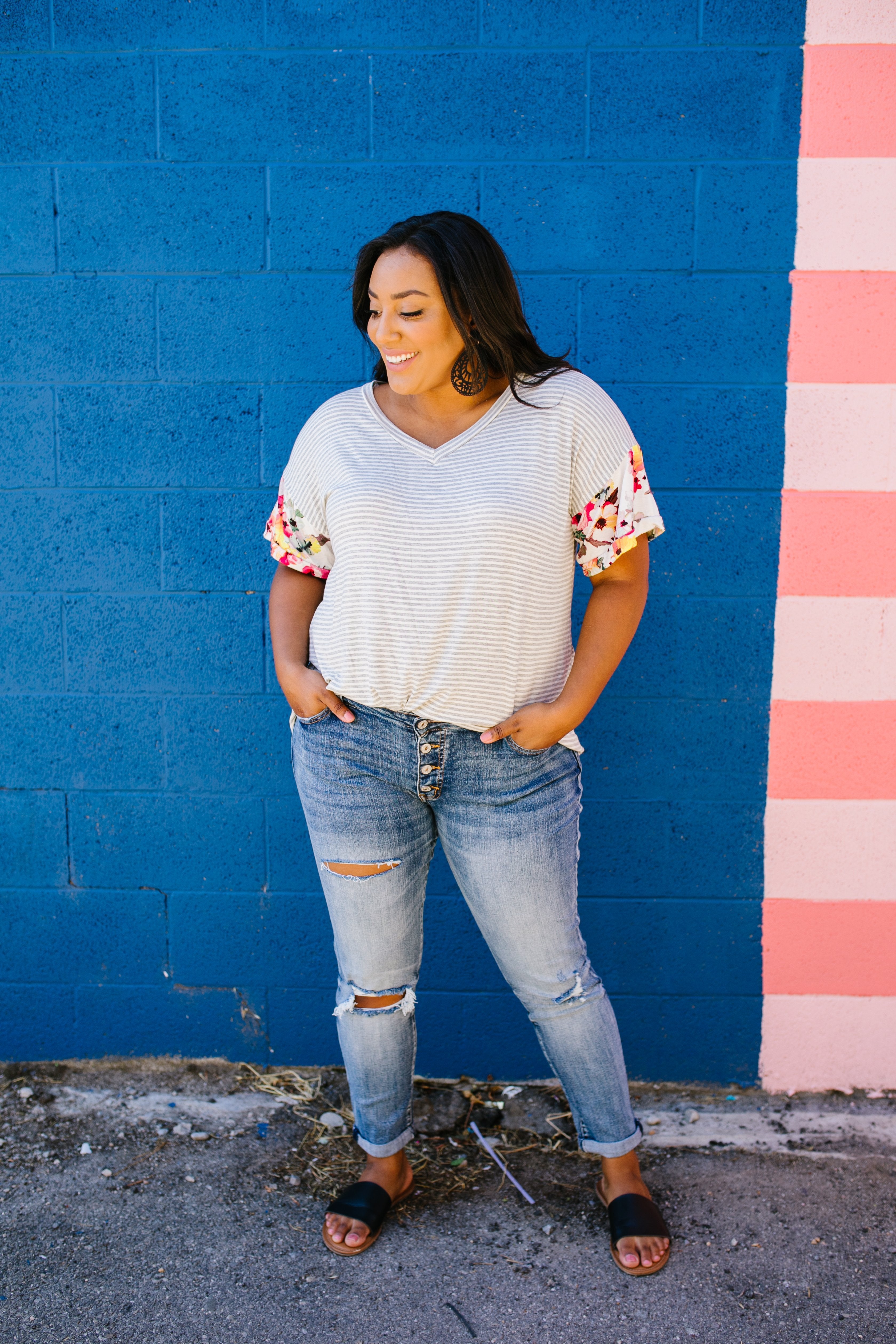 Flowers On The Sleeves Striped V-Neck