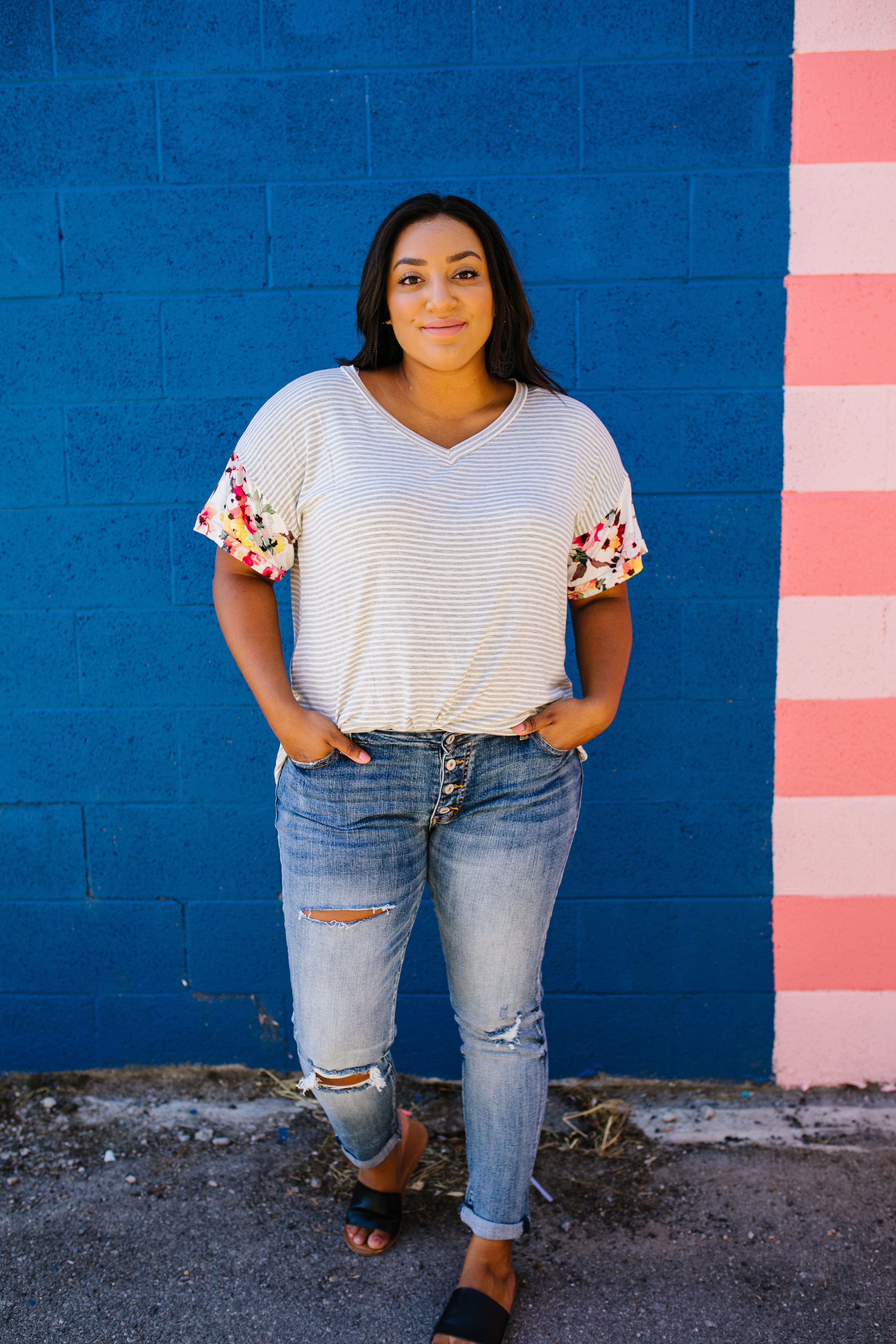 Flowers On The Sleeves Striped V-Neck