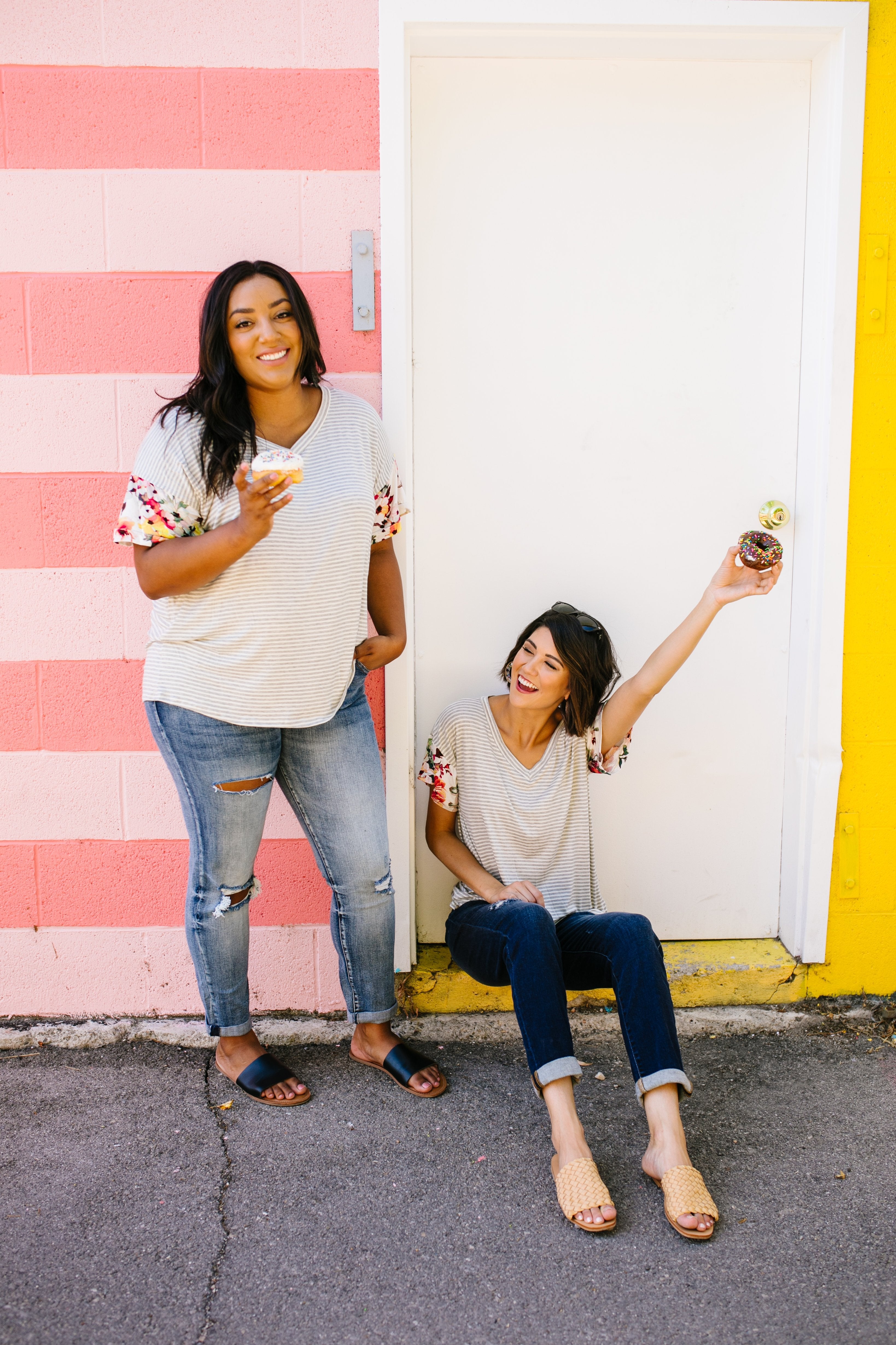 Flowers On The Sleeves Striped V-Neck