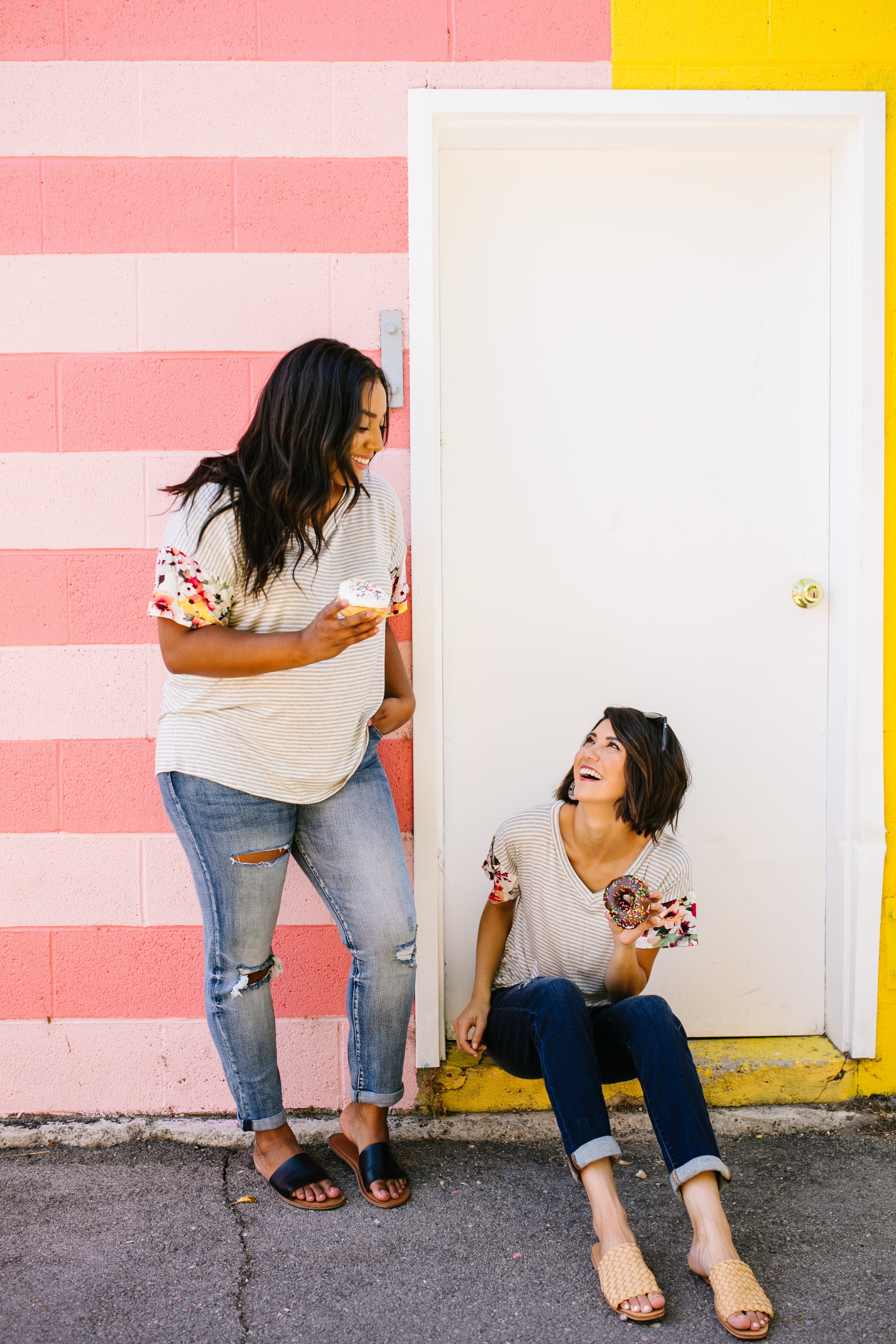Flowers On The Sleeves Striped V-Neck