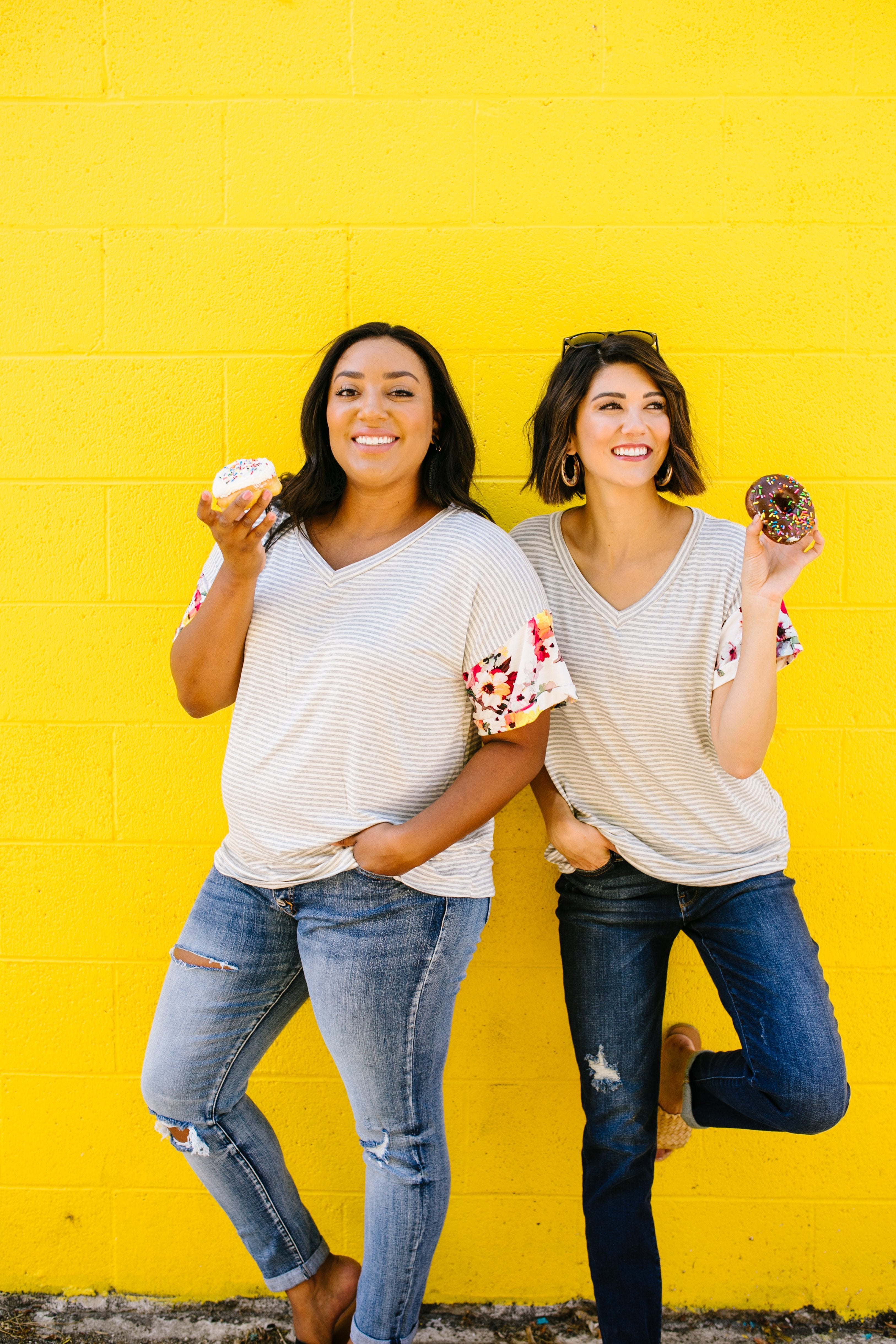 Flowers On The Sleeves Striped V-Neck