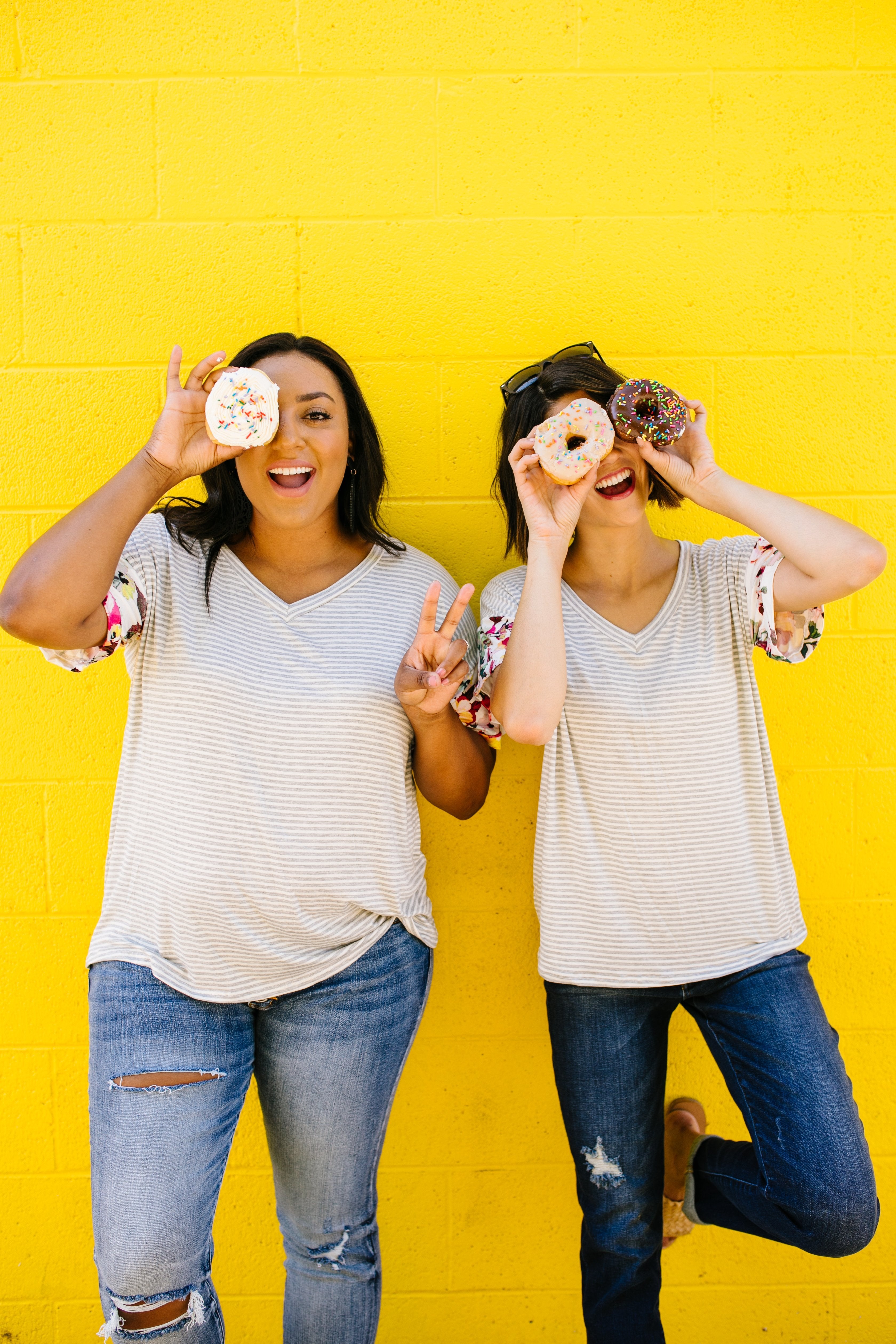 Flowers On The Sleeves Striped V-Neck
