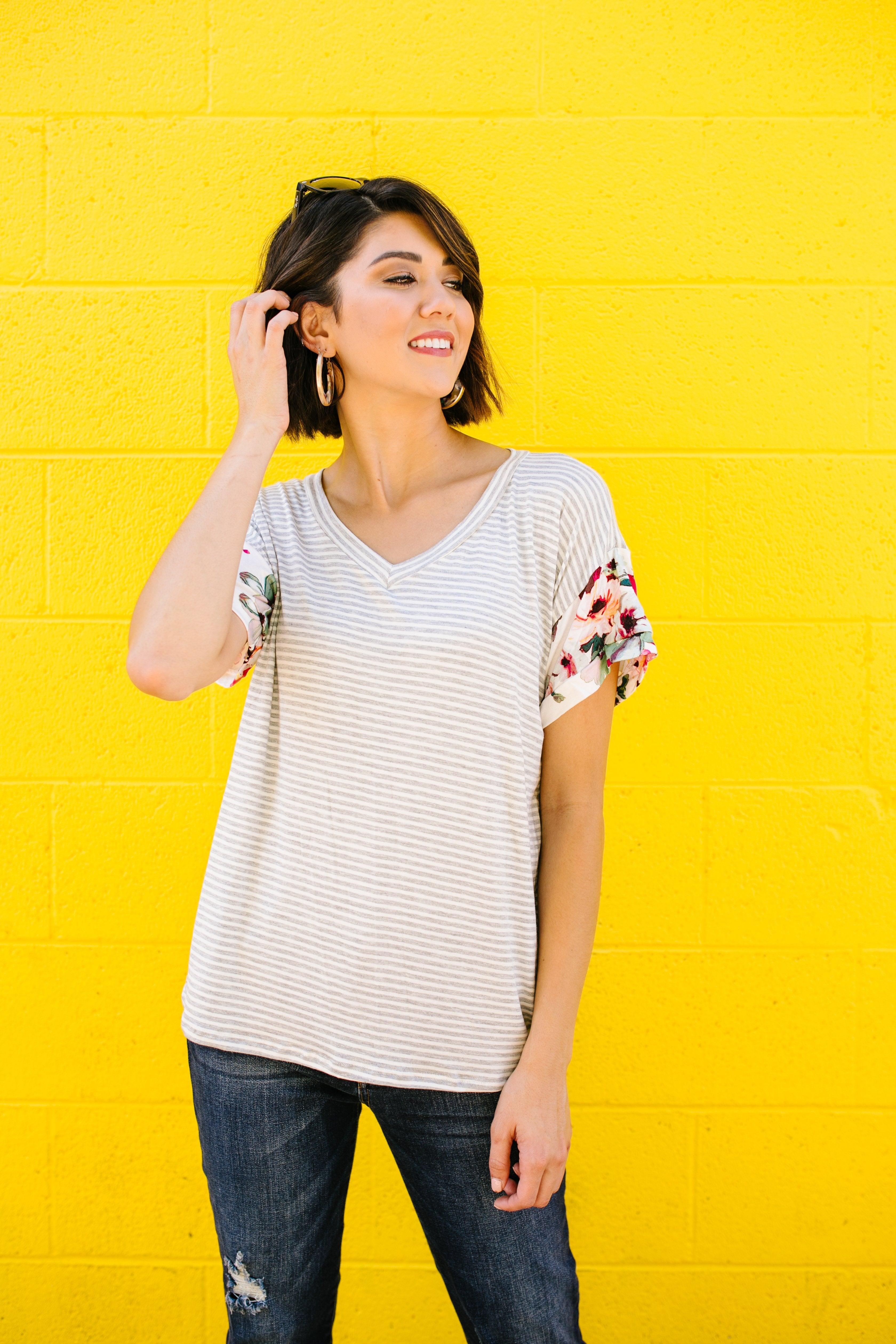 Flowers On The Sleeves Striped V-Neck