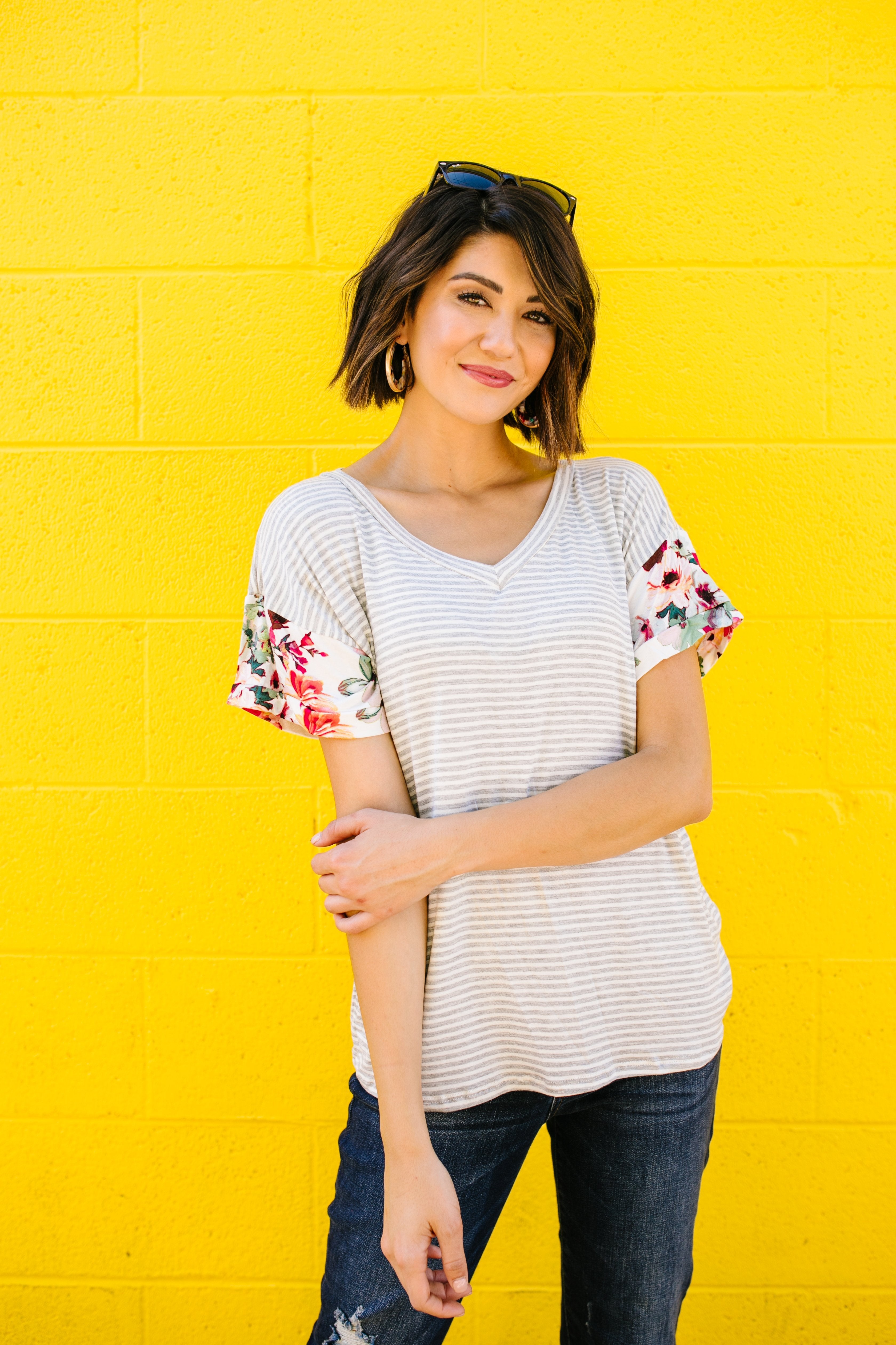 Flowers On The Sleeves Striped V-Neck