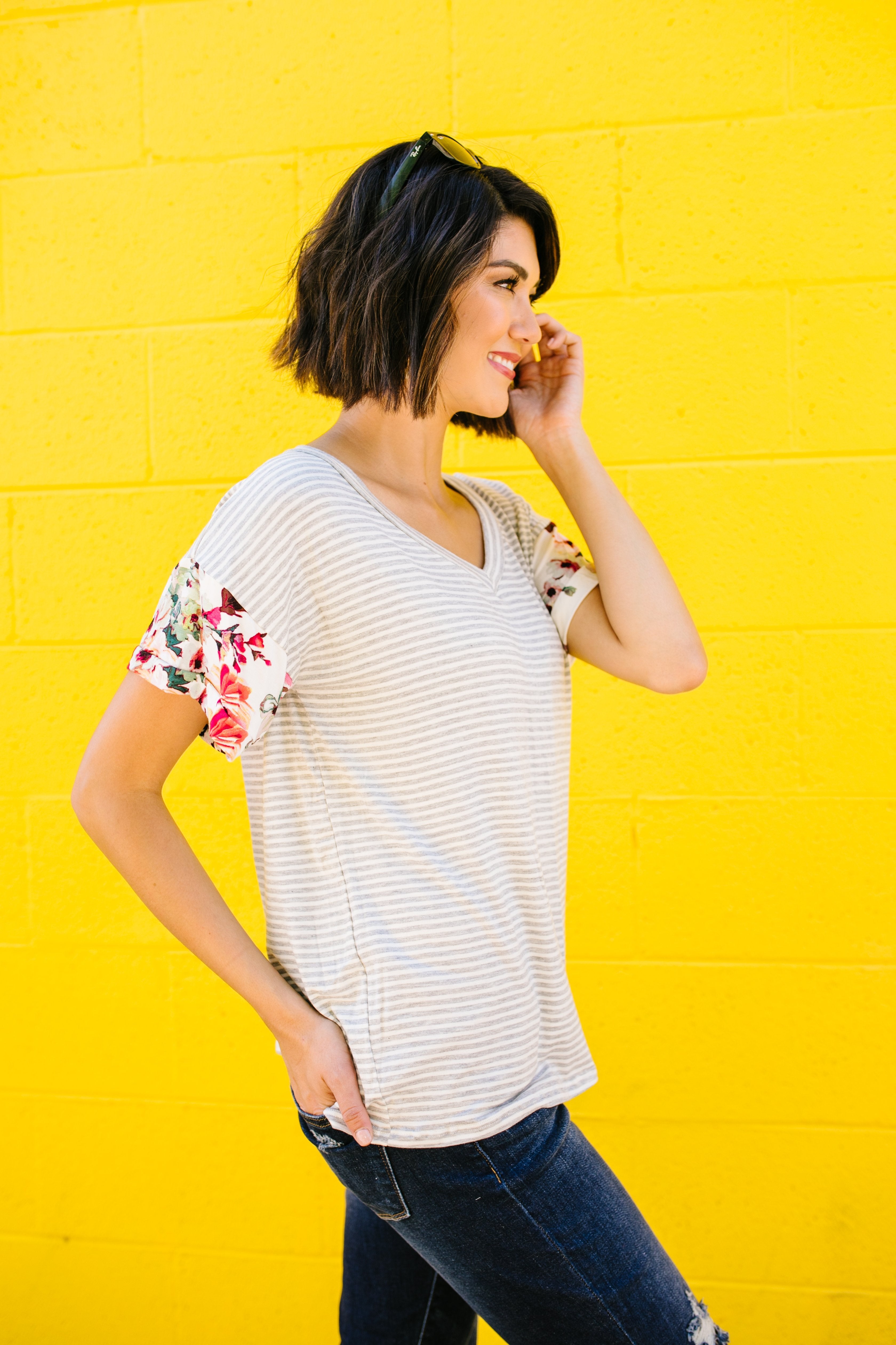 Flowers On The Sleeves Striped V-Neck