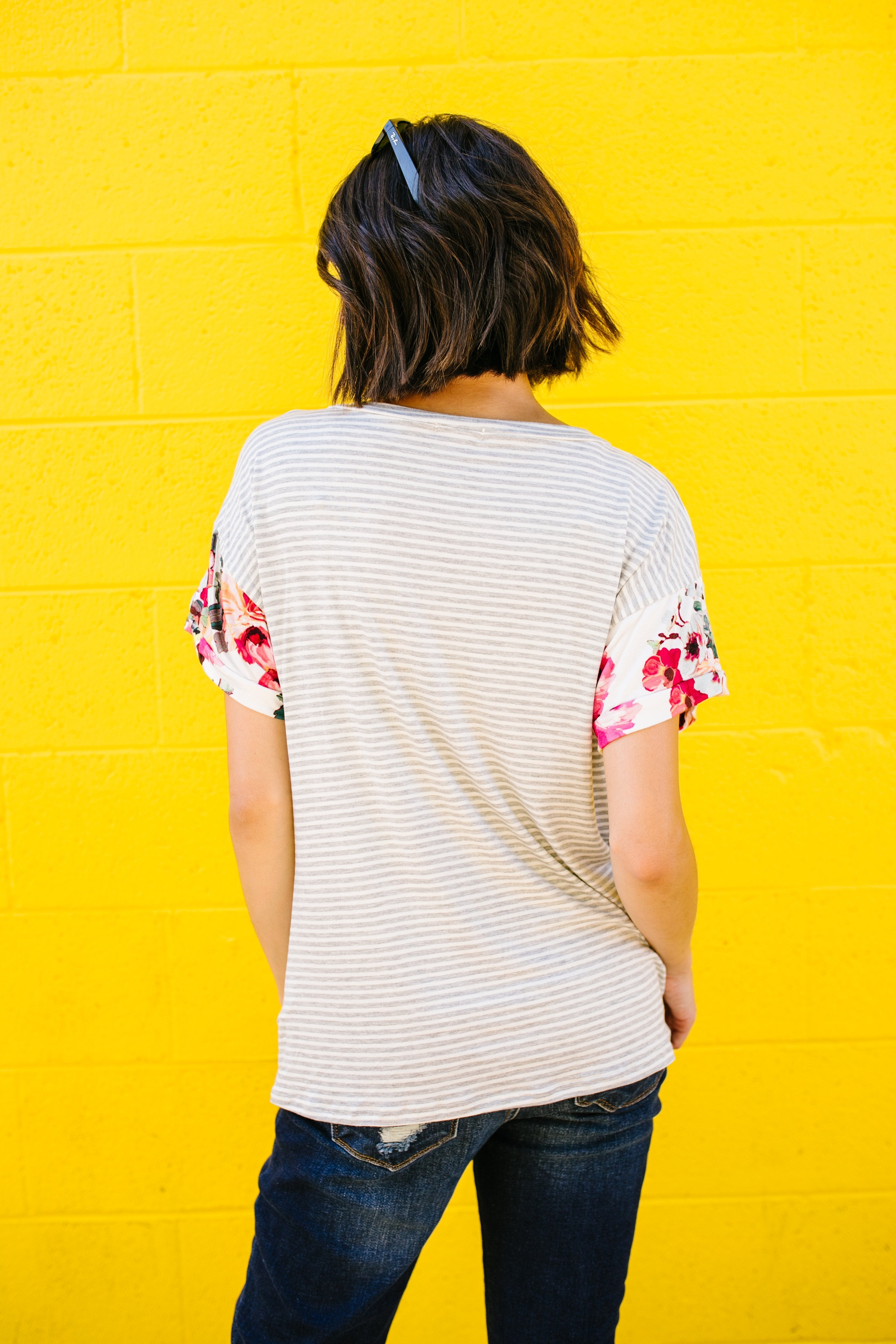 Flowers On The Sleeves Striped V-Neck