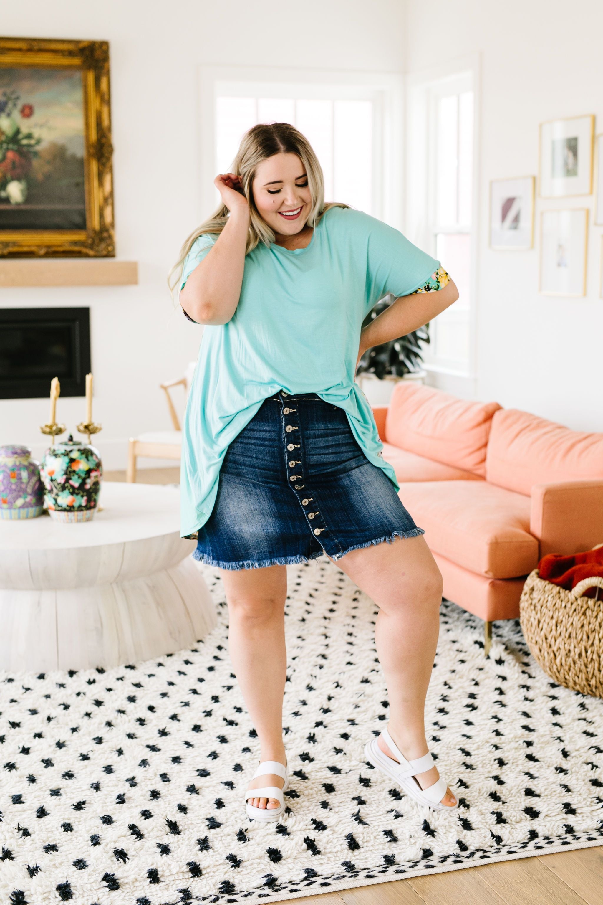 Frayed Hem Button Down Denim Skirt