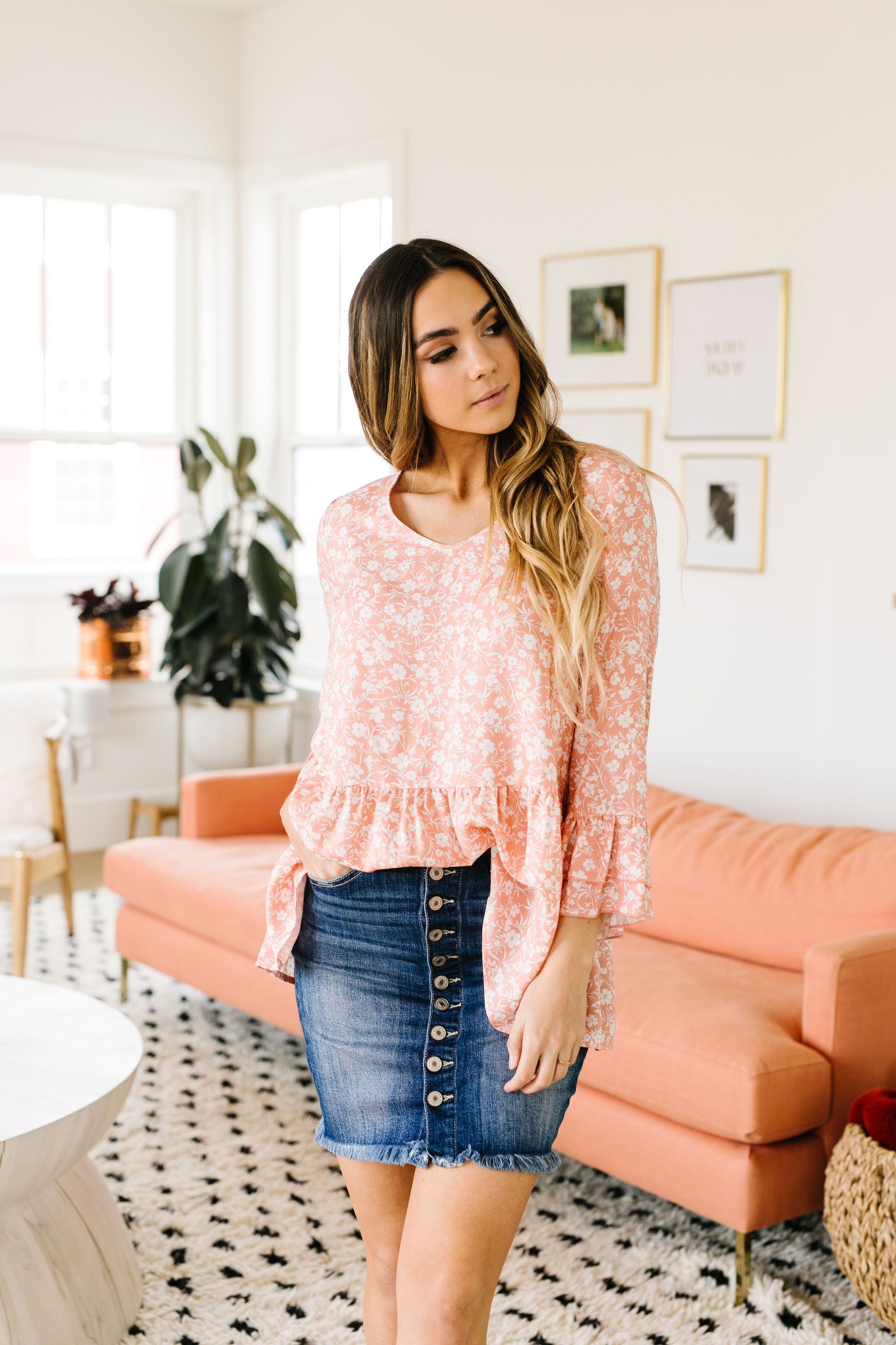 Frayed Hem Button Down Denim Skirt