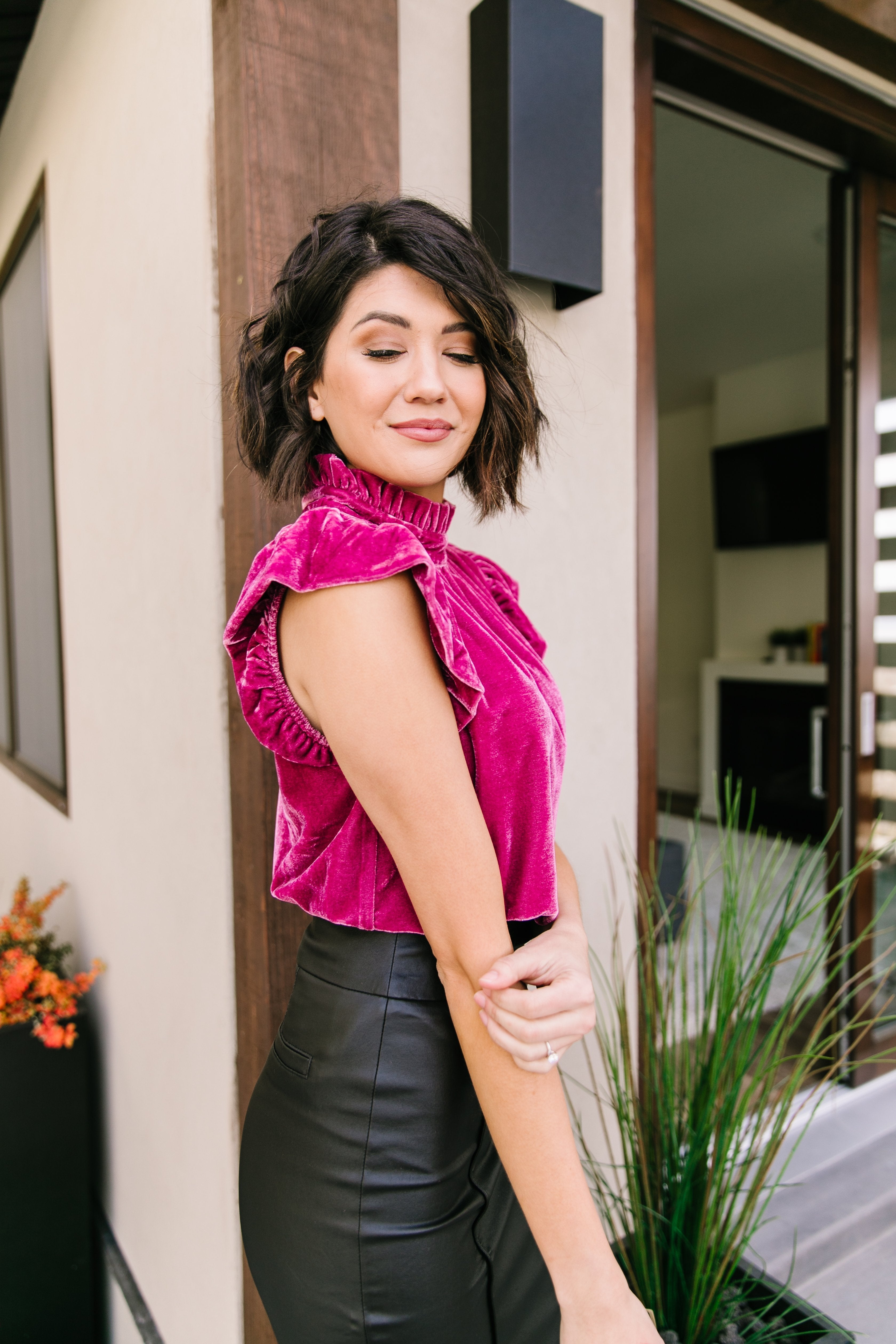 Fuchsia Velvet Mock Neck Top