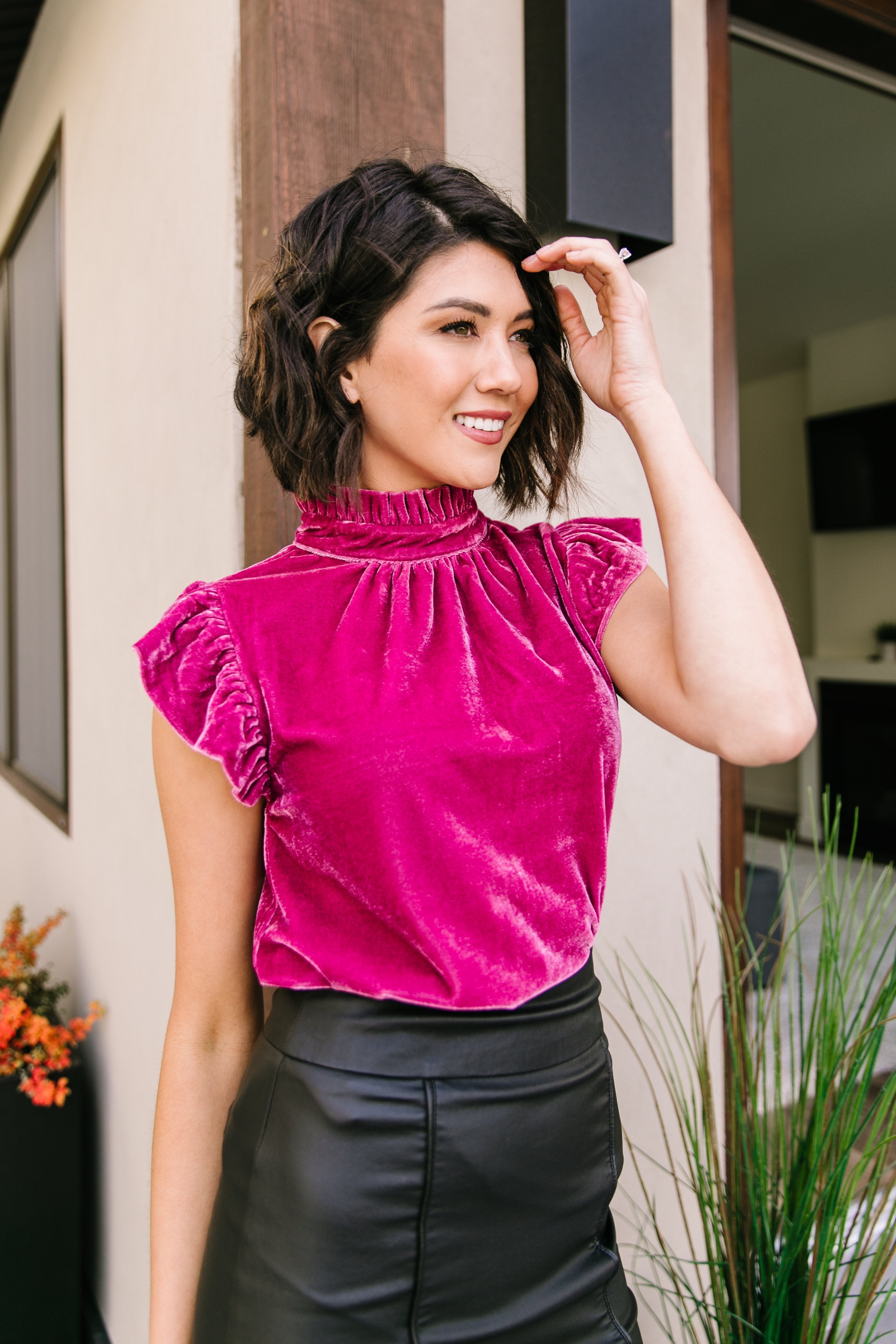 Fuchsia Velvet Mock Neck Top