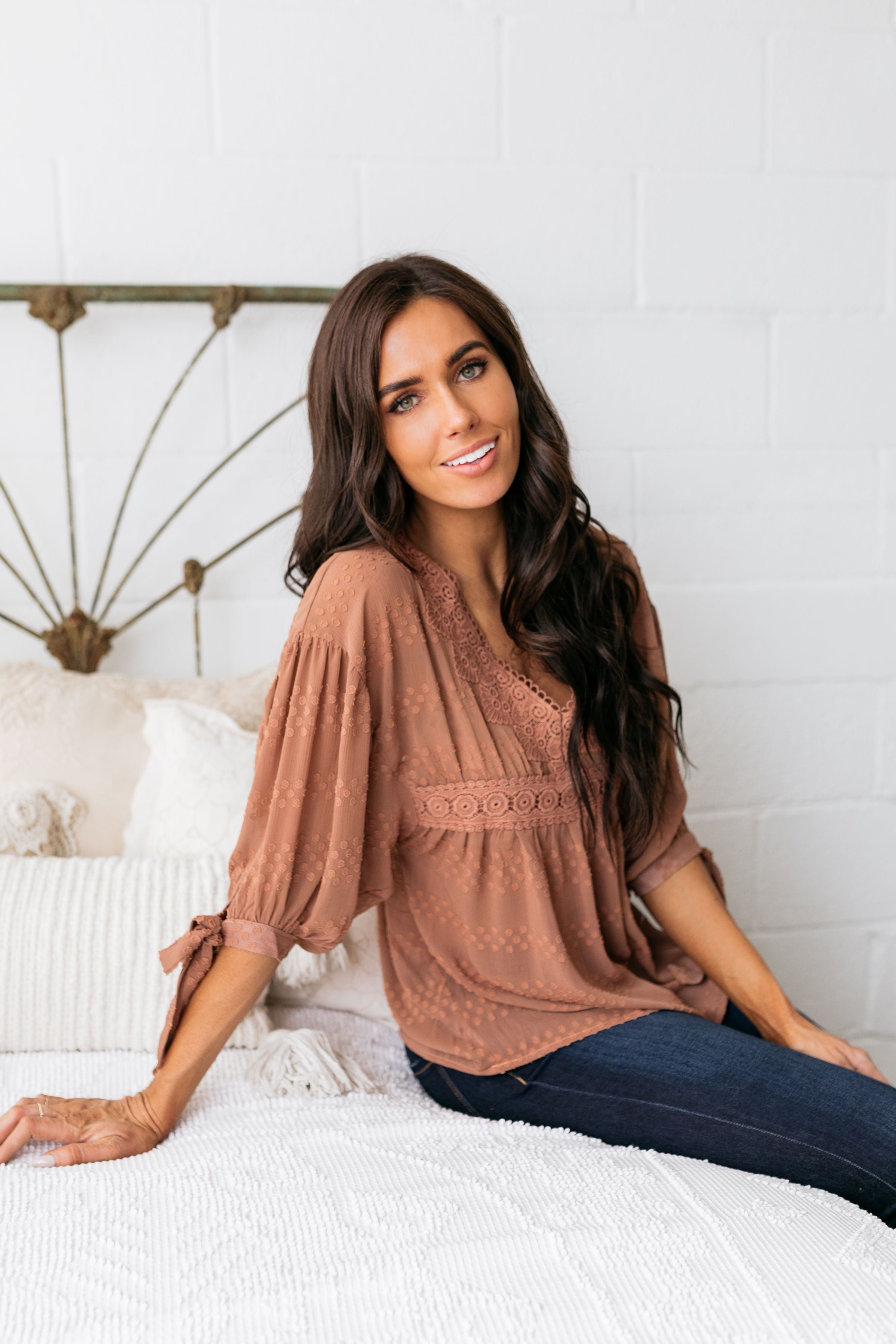 Gem Of Geneva Swiss Dot Blouse In Cocoa - ALL SALES FINAL