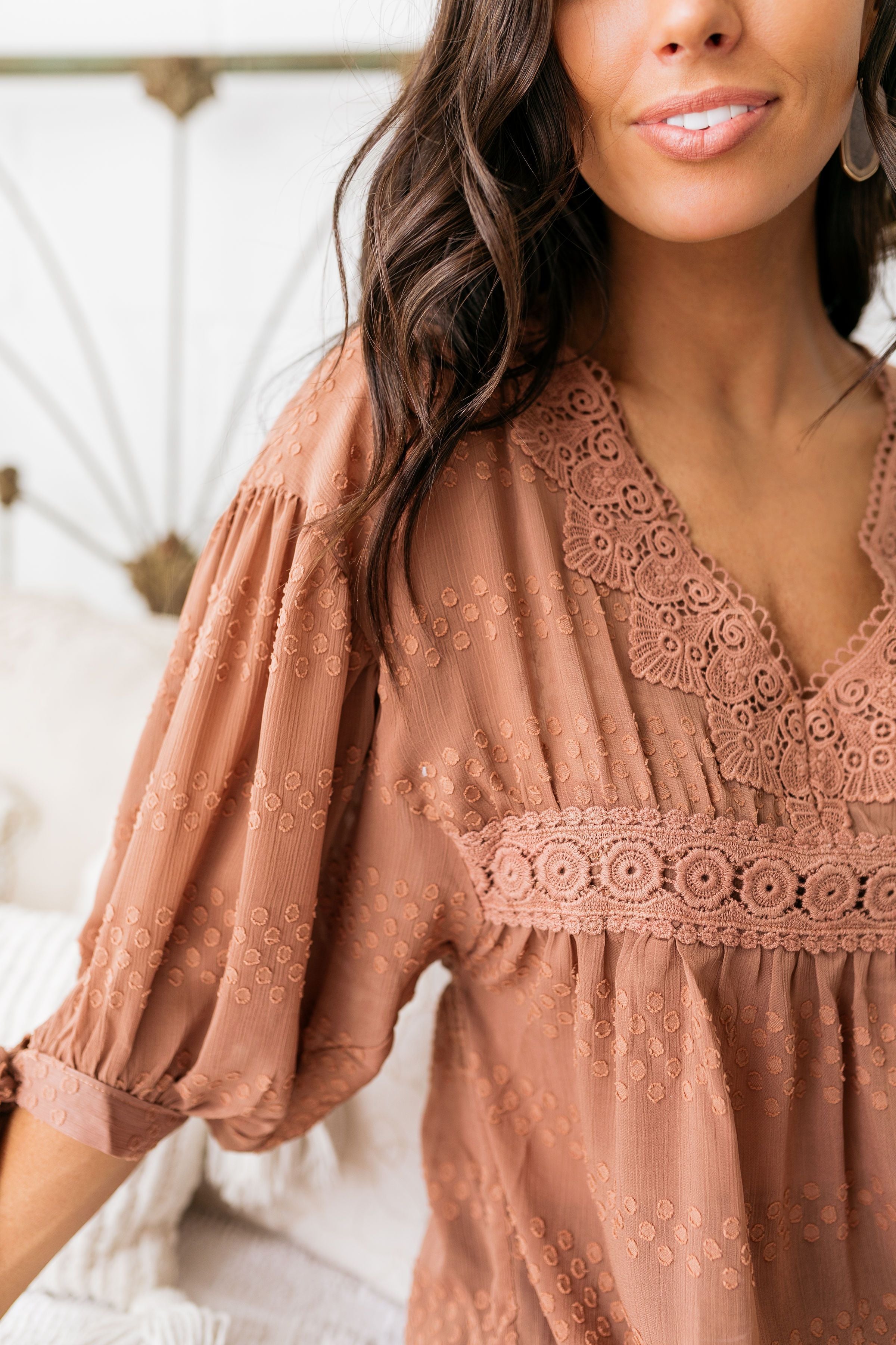 Gem Of Geneva Swiss Dot Blouse In Cocoa - ALL SALES FINAL