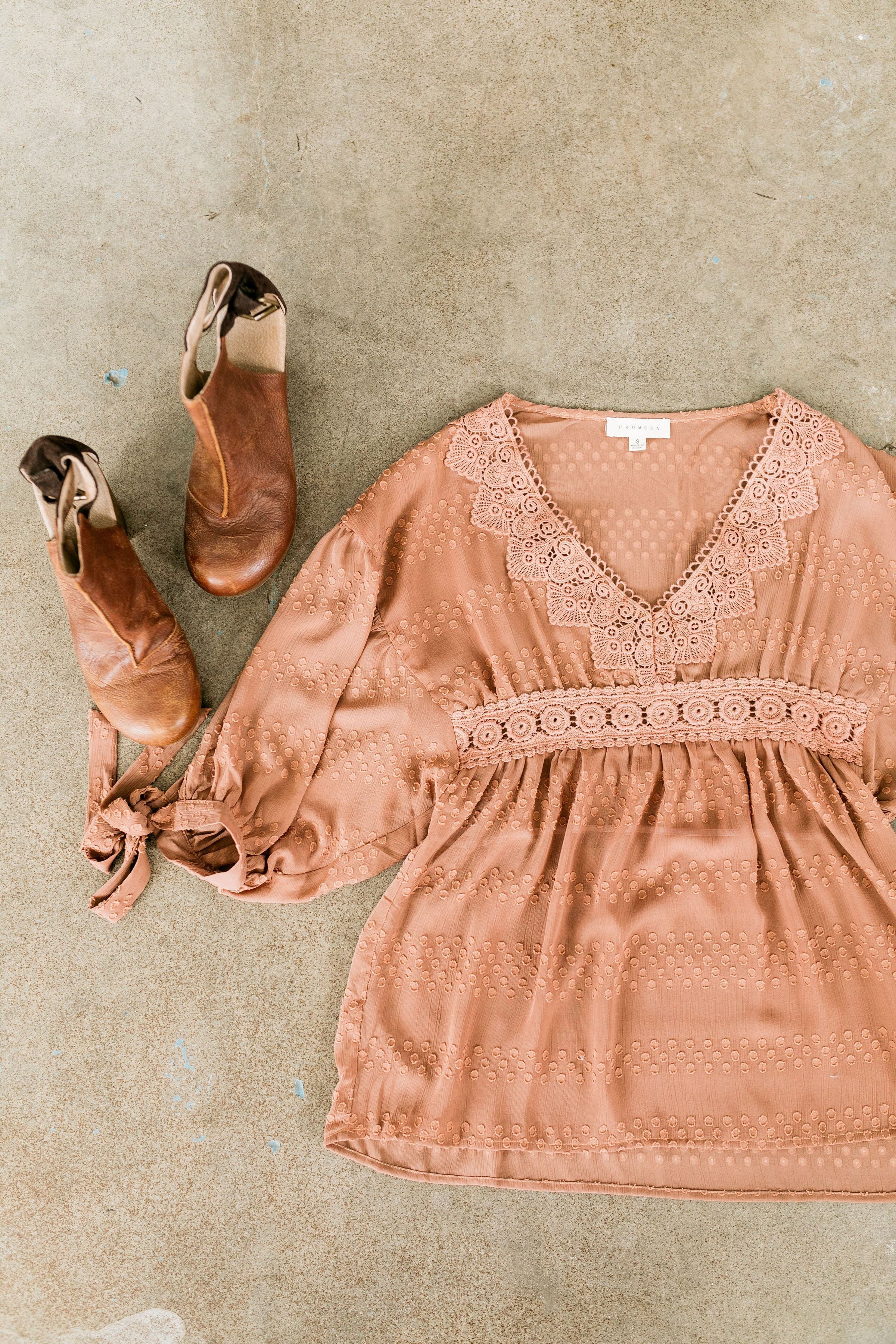 Gem Of Geneva Swiss Dot Blouse In Cocoa - ALL SALES FINAL