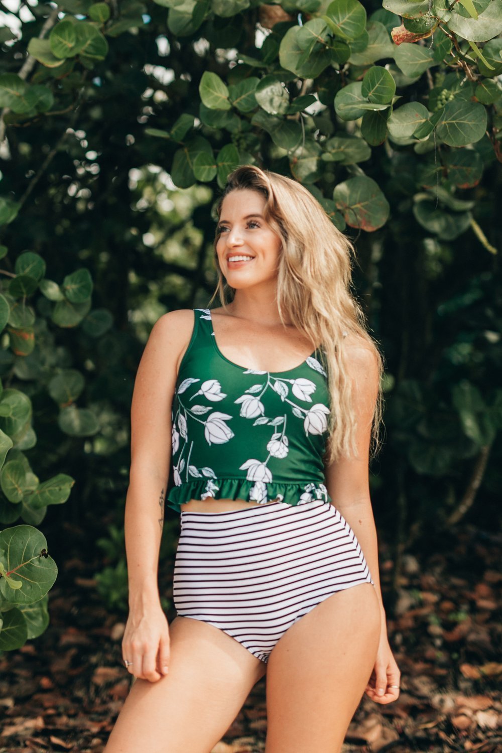 Green Floral Little Ruffle Top