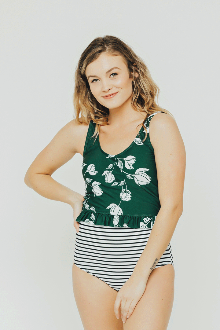 Green Floral Little Ruffle Top