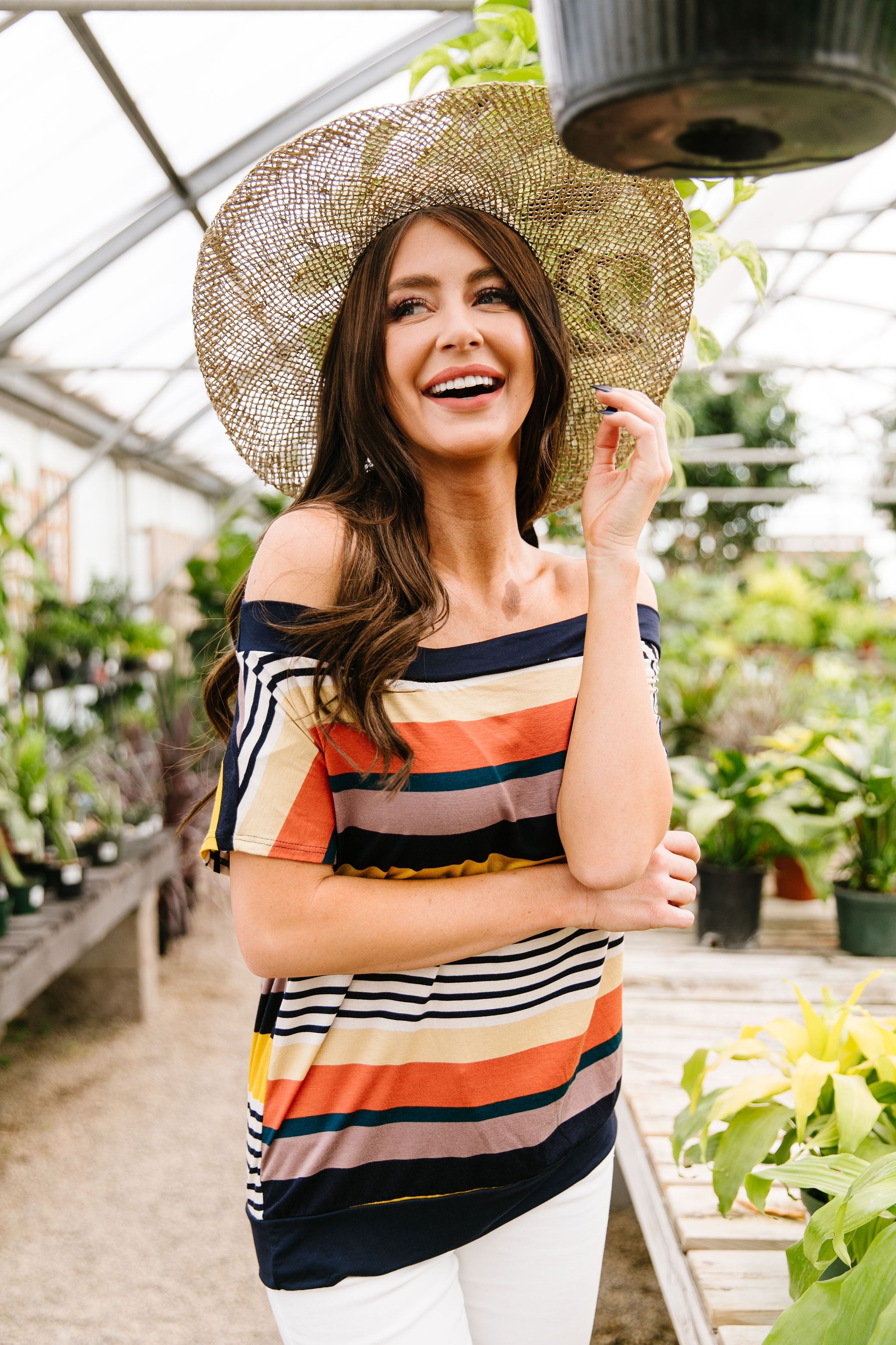 Happy Stripes Boatneck Top In Coral