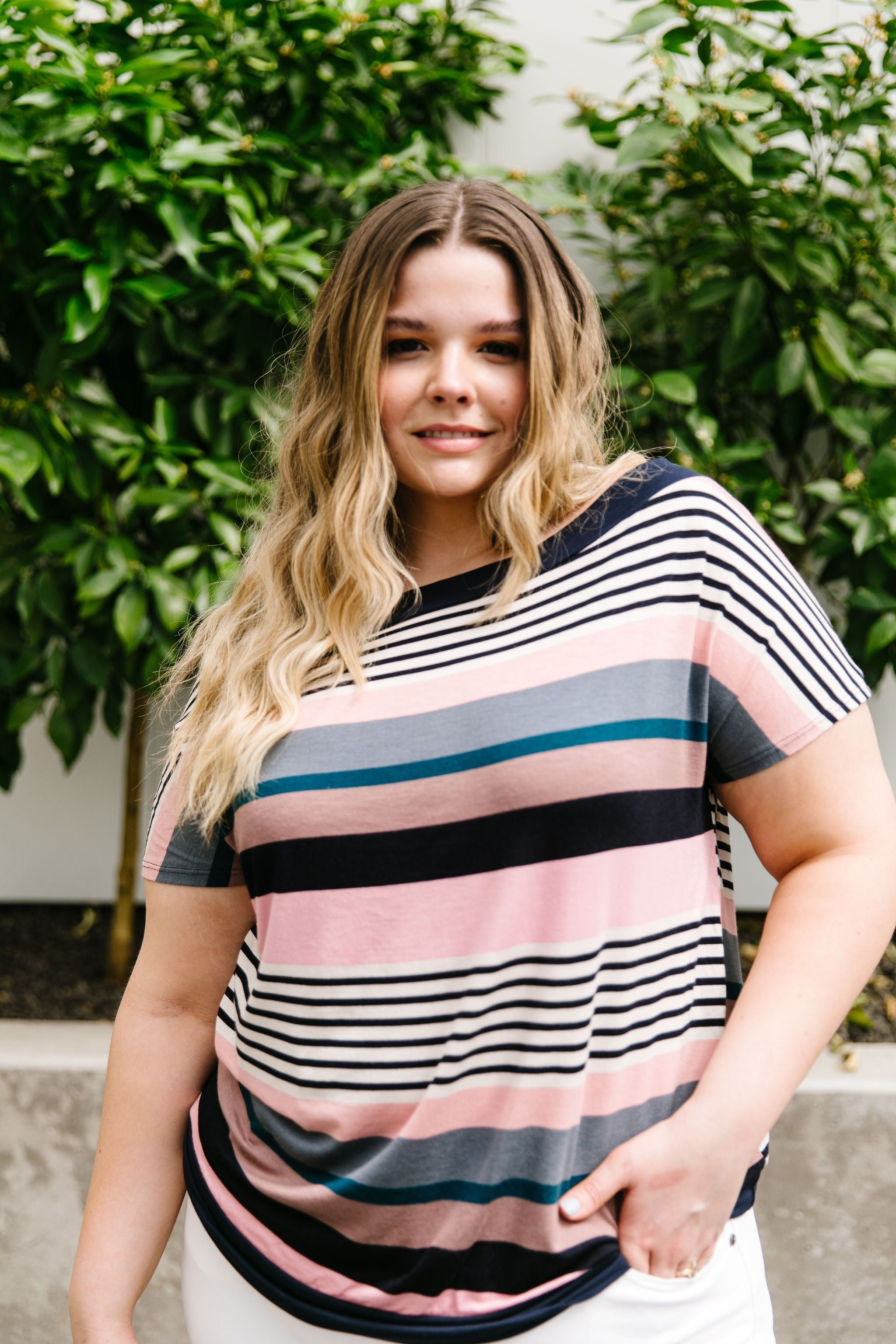 Happy Stripes Boatneck Top In Pink