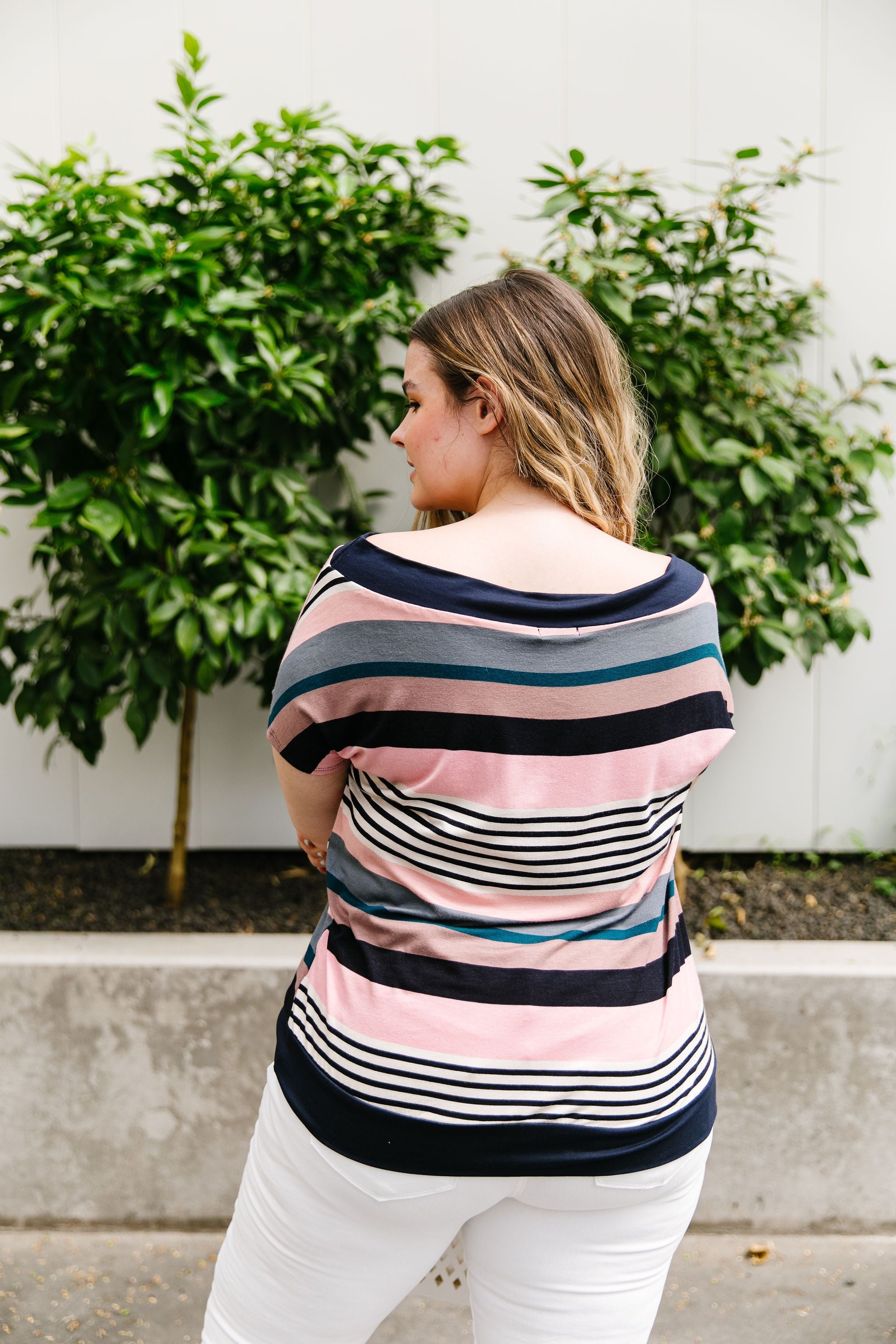 Happy Stripes Boatneck Top In Pink