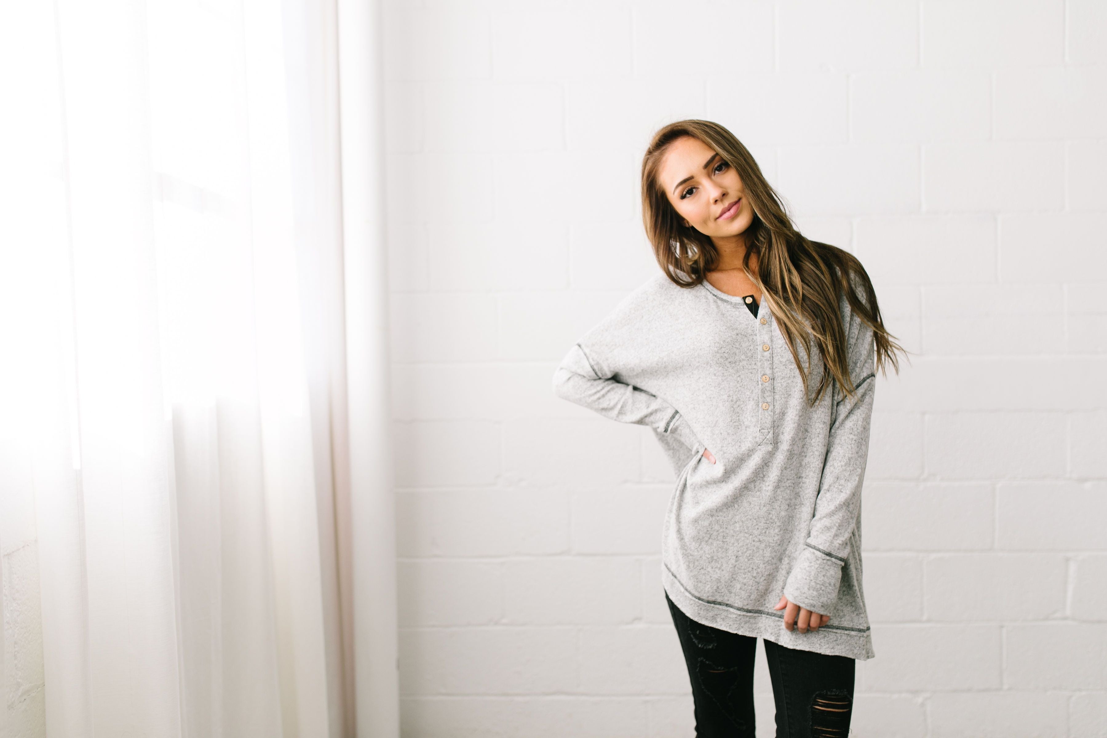 Heavenly Henley Top In Heather Gray