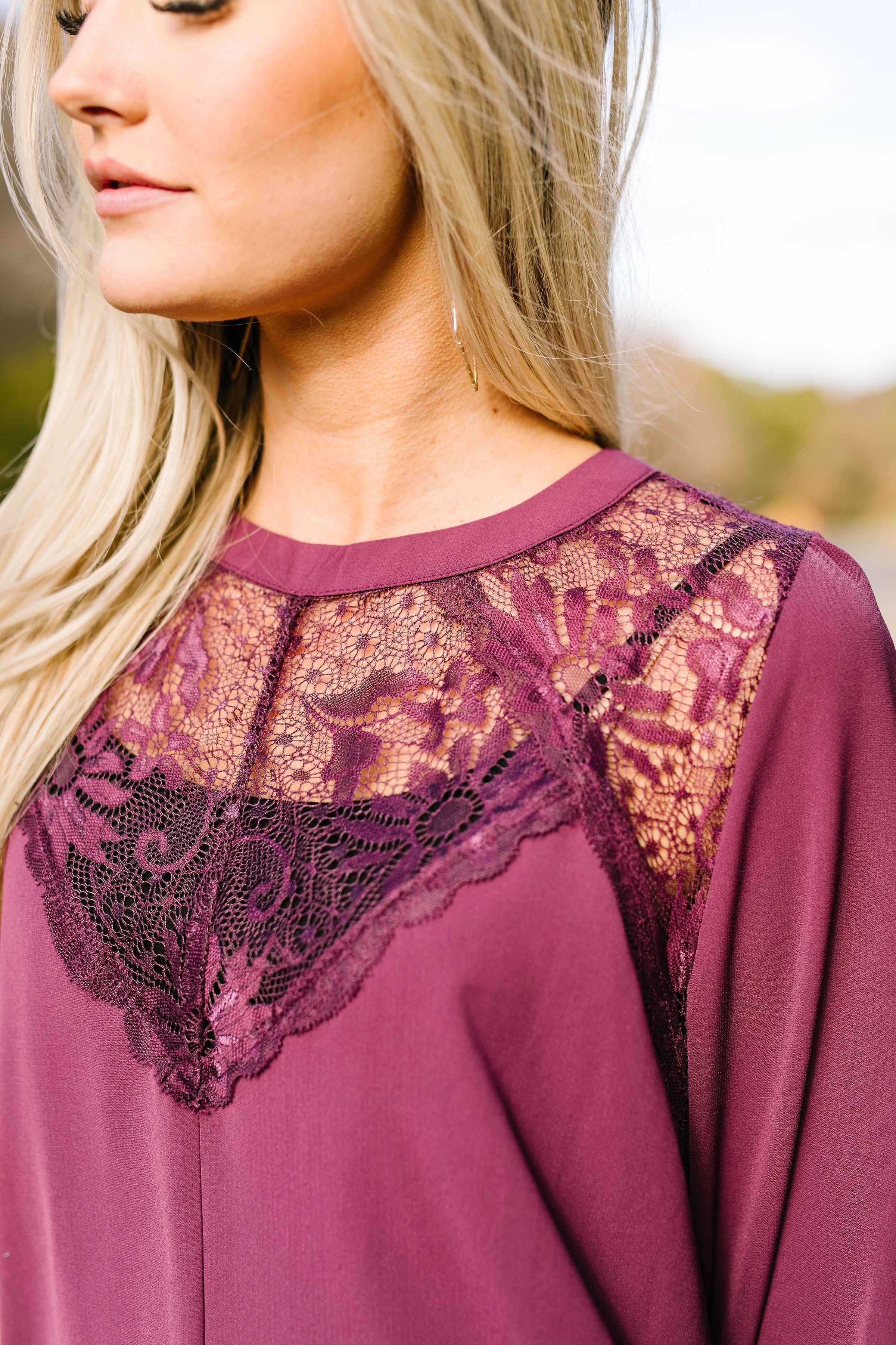 Heavenly Holiday Lace Inset Blouse In Plum - ALL SALES FINAL