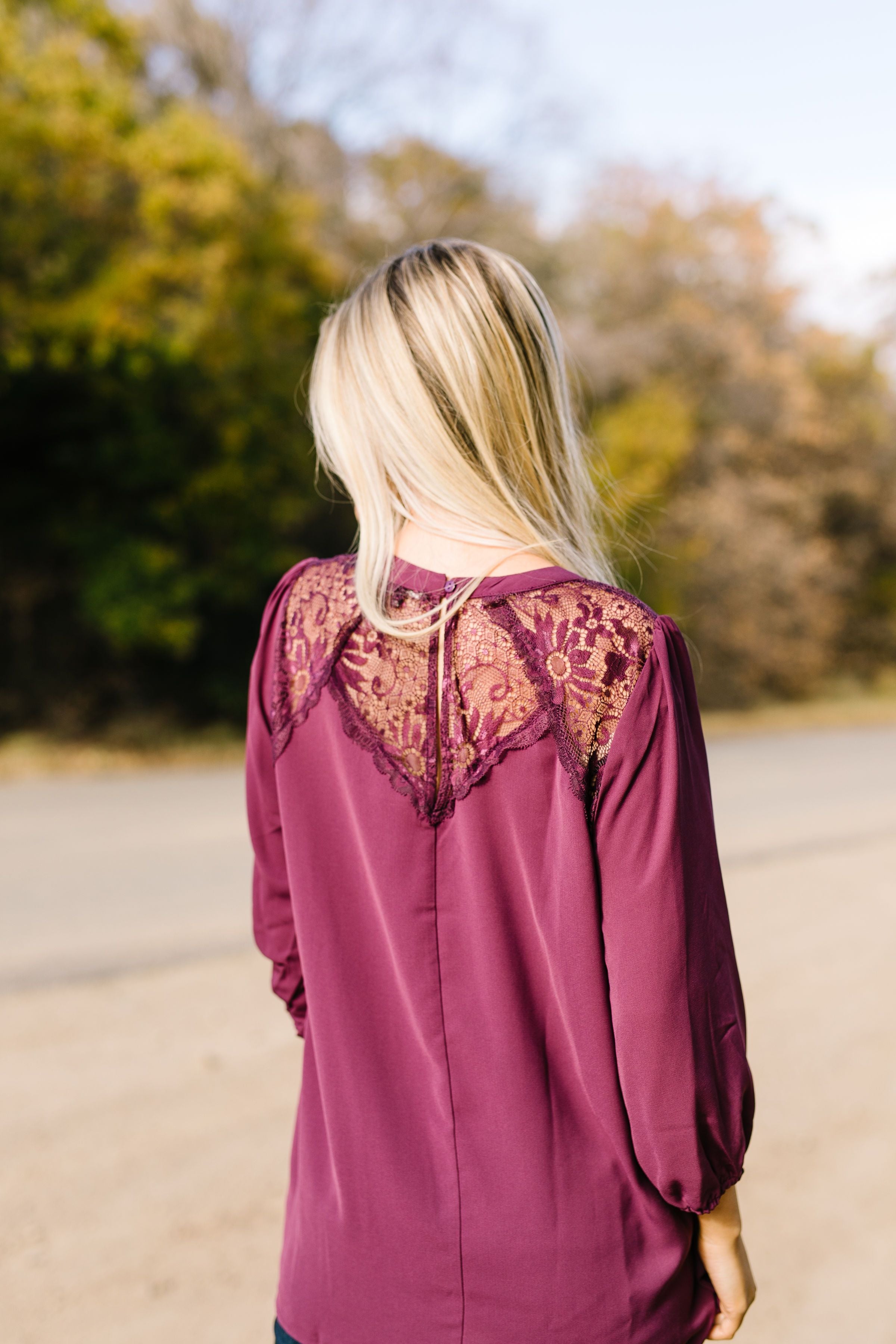 Heavenly Holiday Lace Inset Blouse In Plum - ALL SALES FINAL