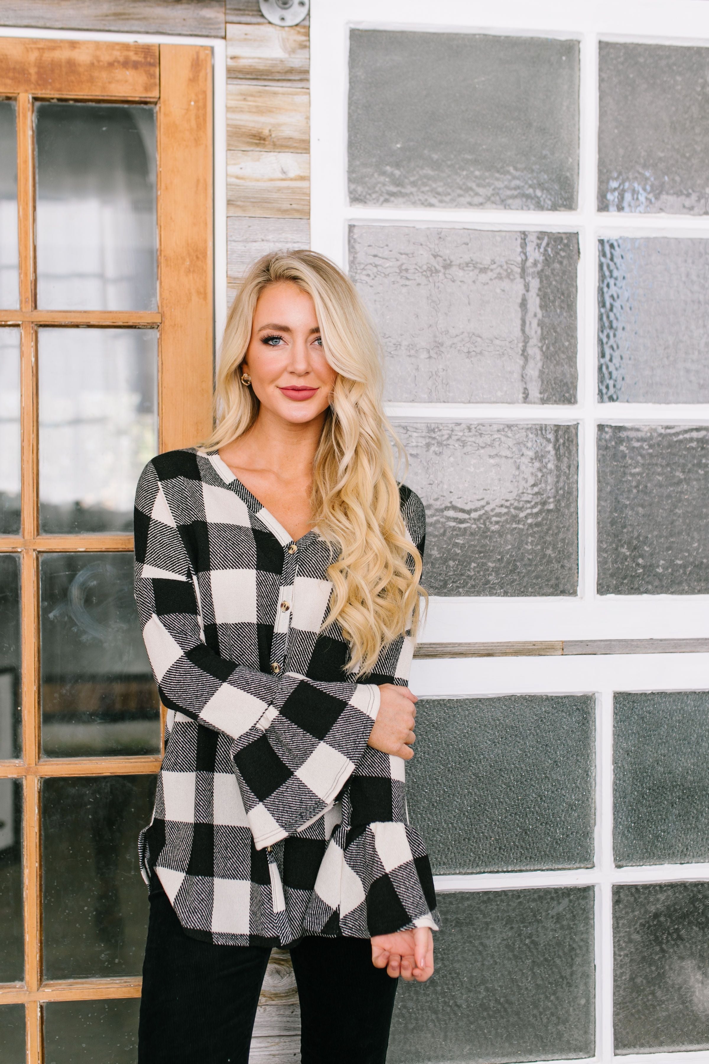 Into The Woods Ribbed Tie Front Top In Black + White - ALL SALES FINAL