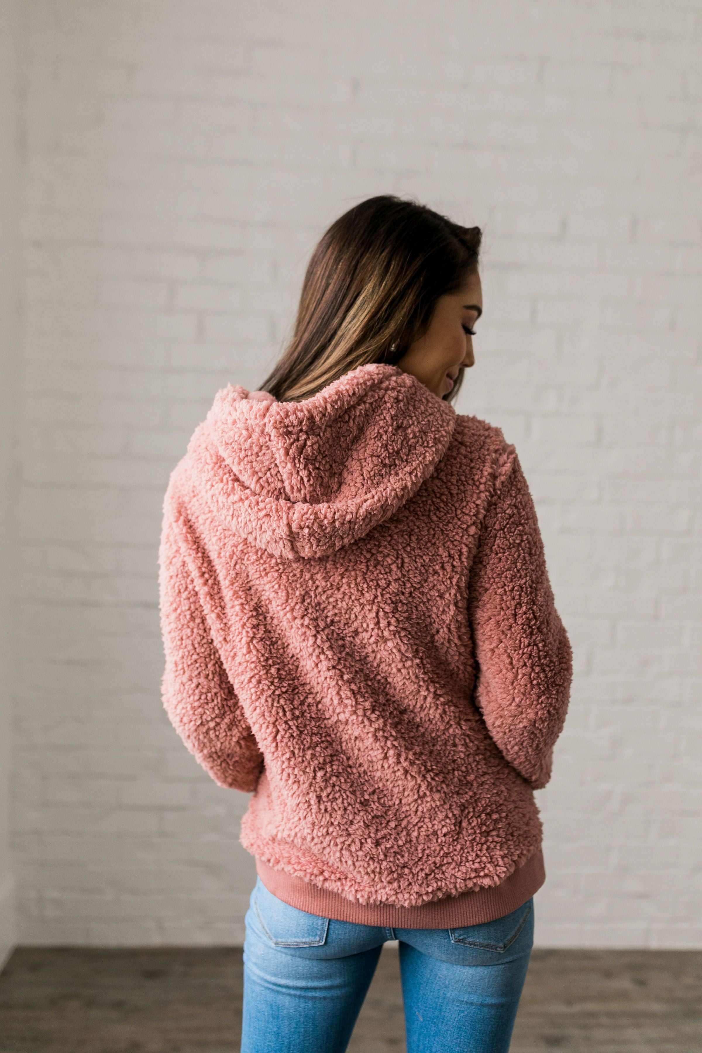 Kangaroo Pocket Shearling Hoodie In Mauve