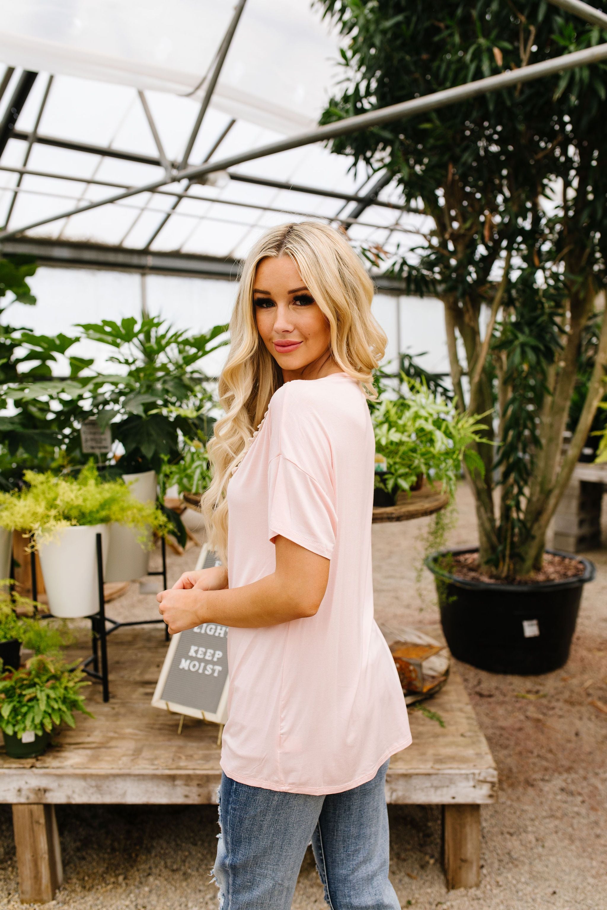 Lace Trimmed Blush V-Neck