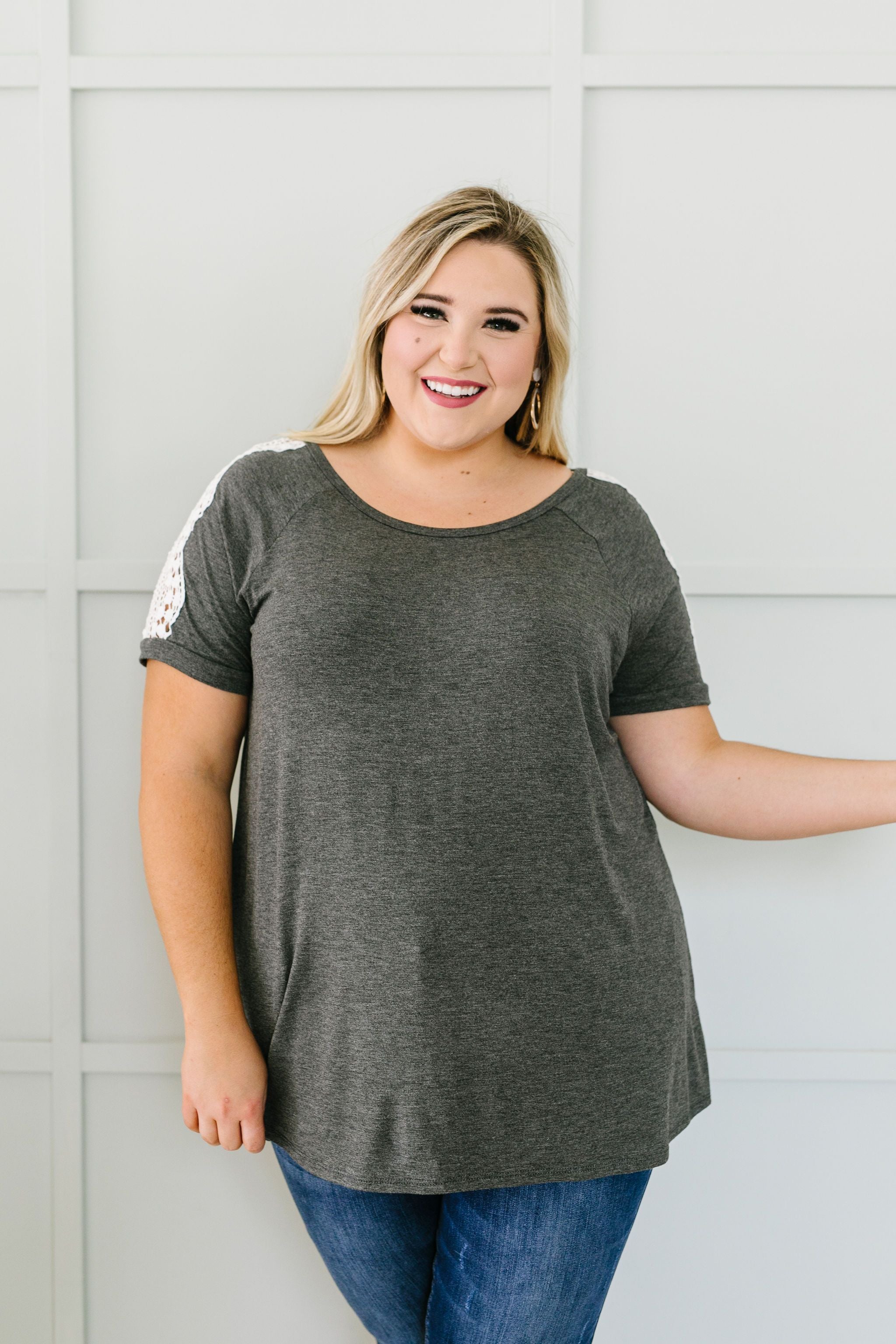Lace Up The Sleeve Top In Charcoal
