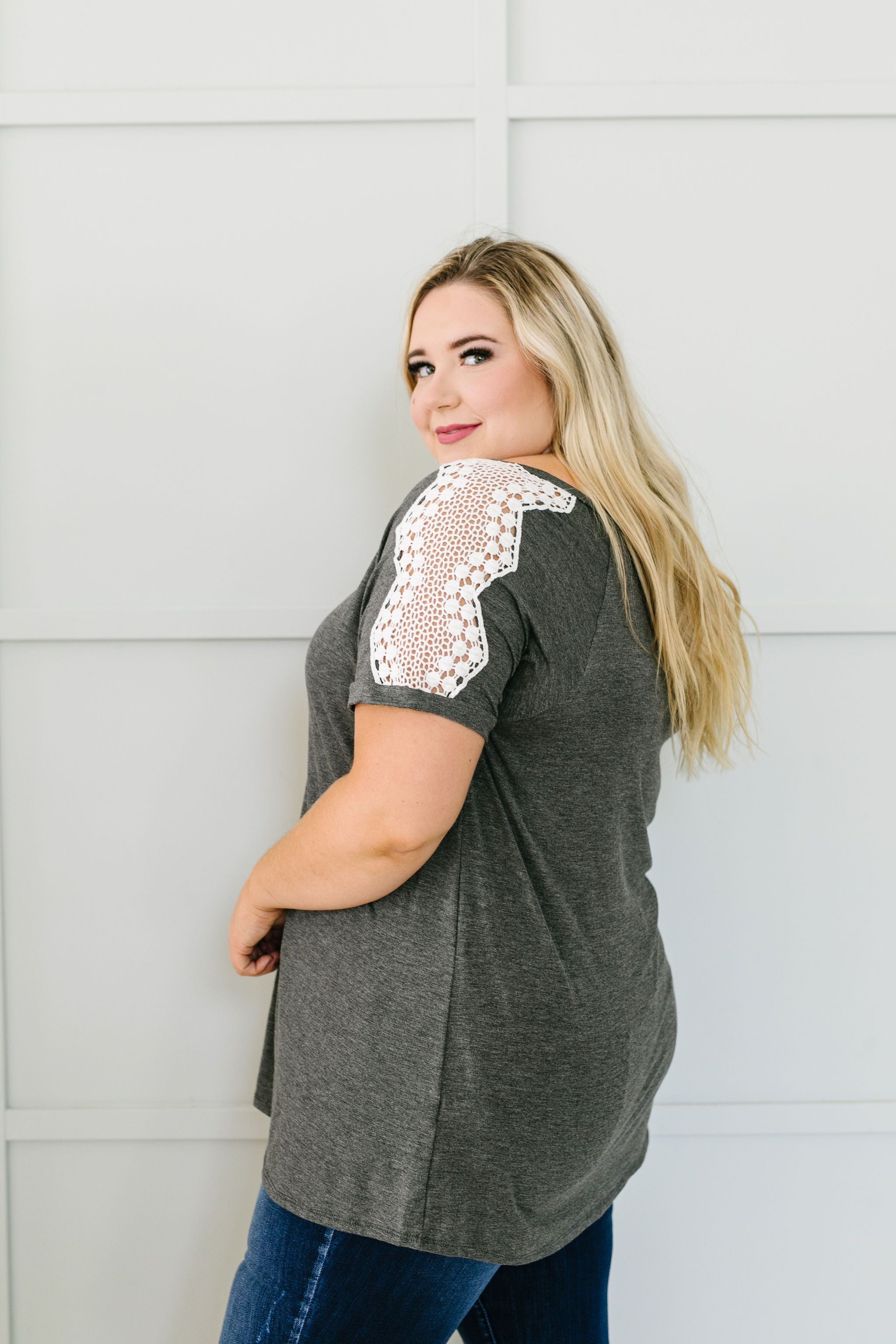 Lace Up The Sleeve Top In Charcoal