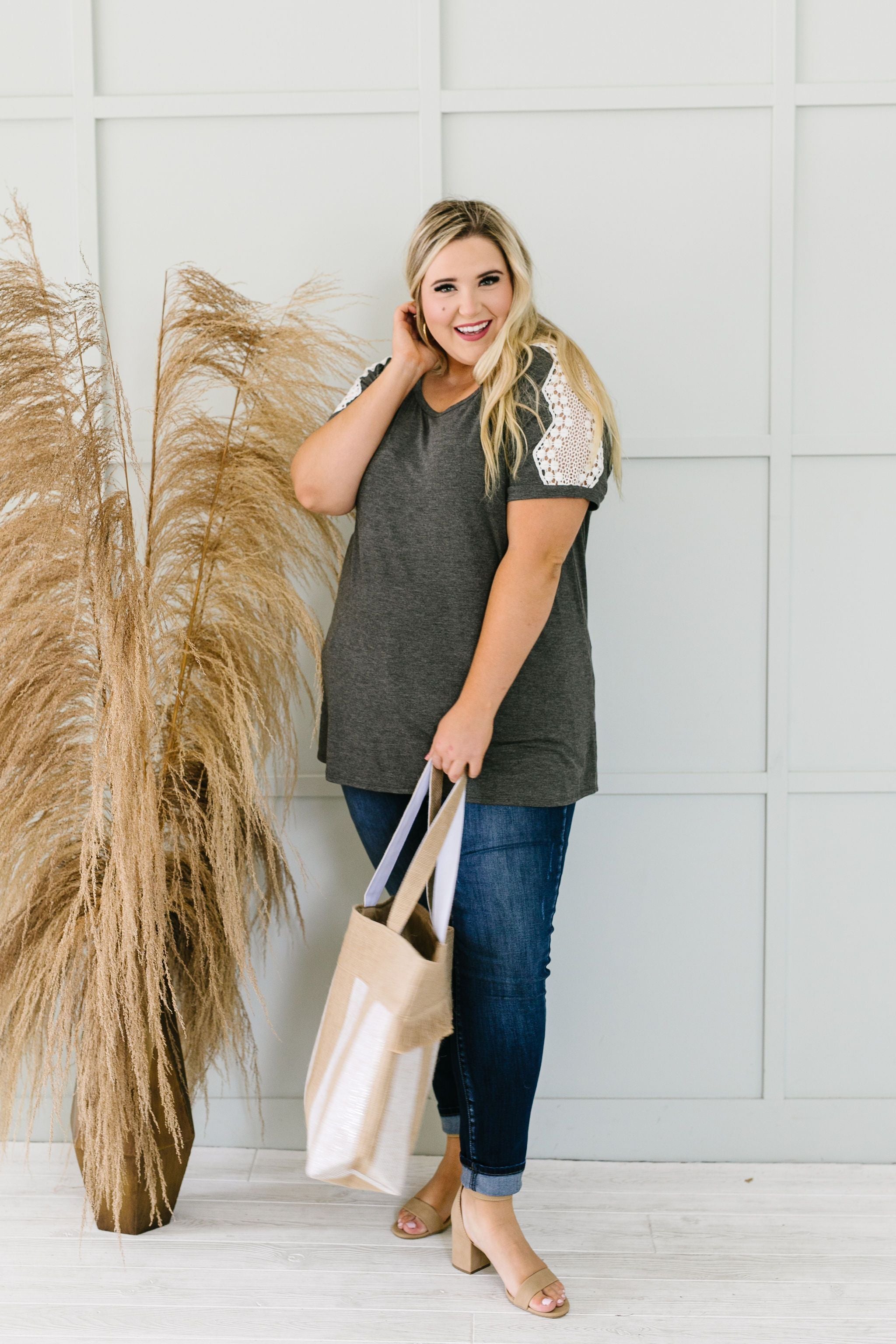 Lace Up The Sleeve Top In Charcoal