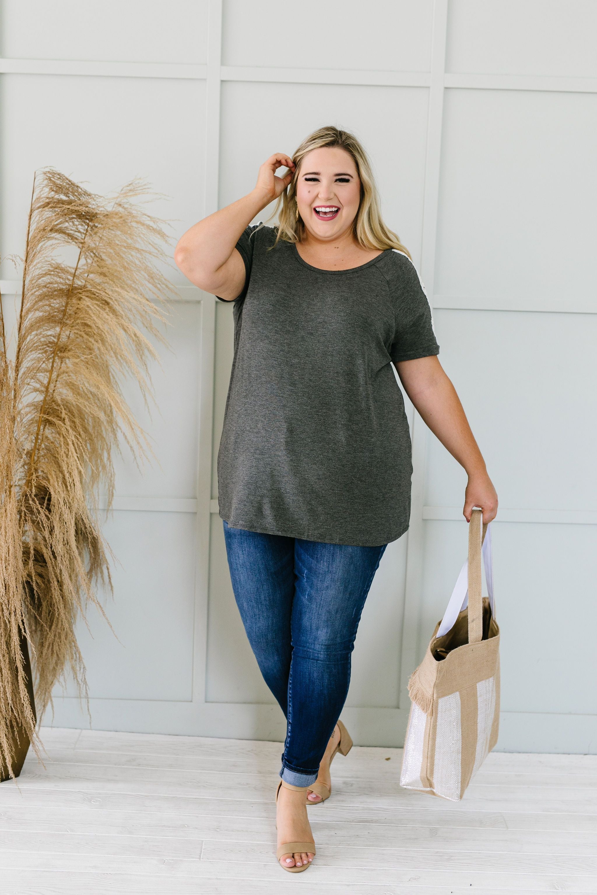 Lace Up The Sleeve Top In Charcoal