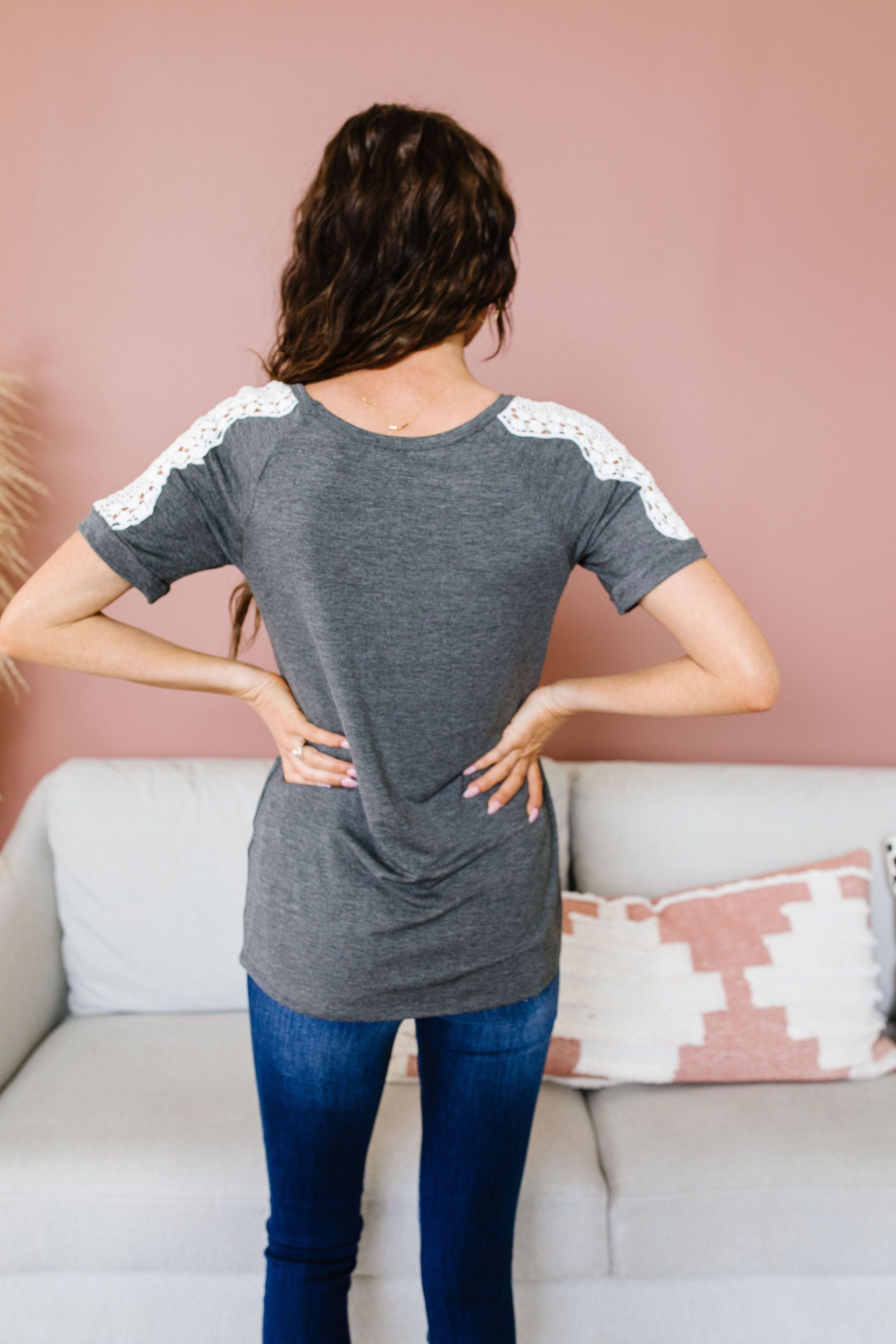 Lace Up The Sleeve Top In Charcoal
