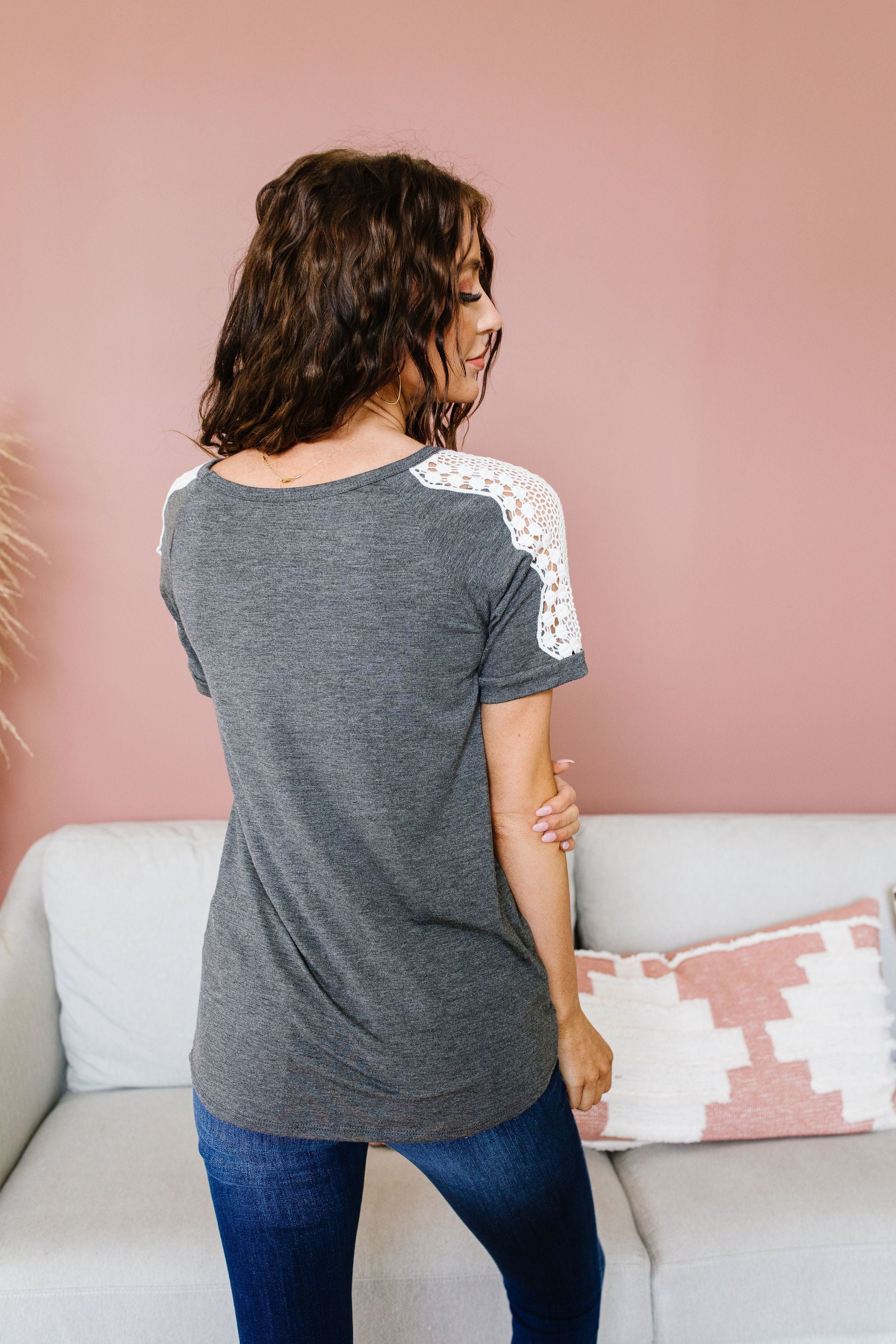 Lace Up The Sleeve Top In Charcoal