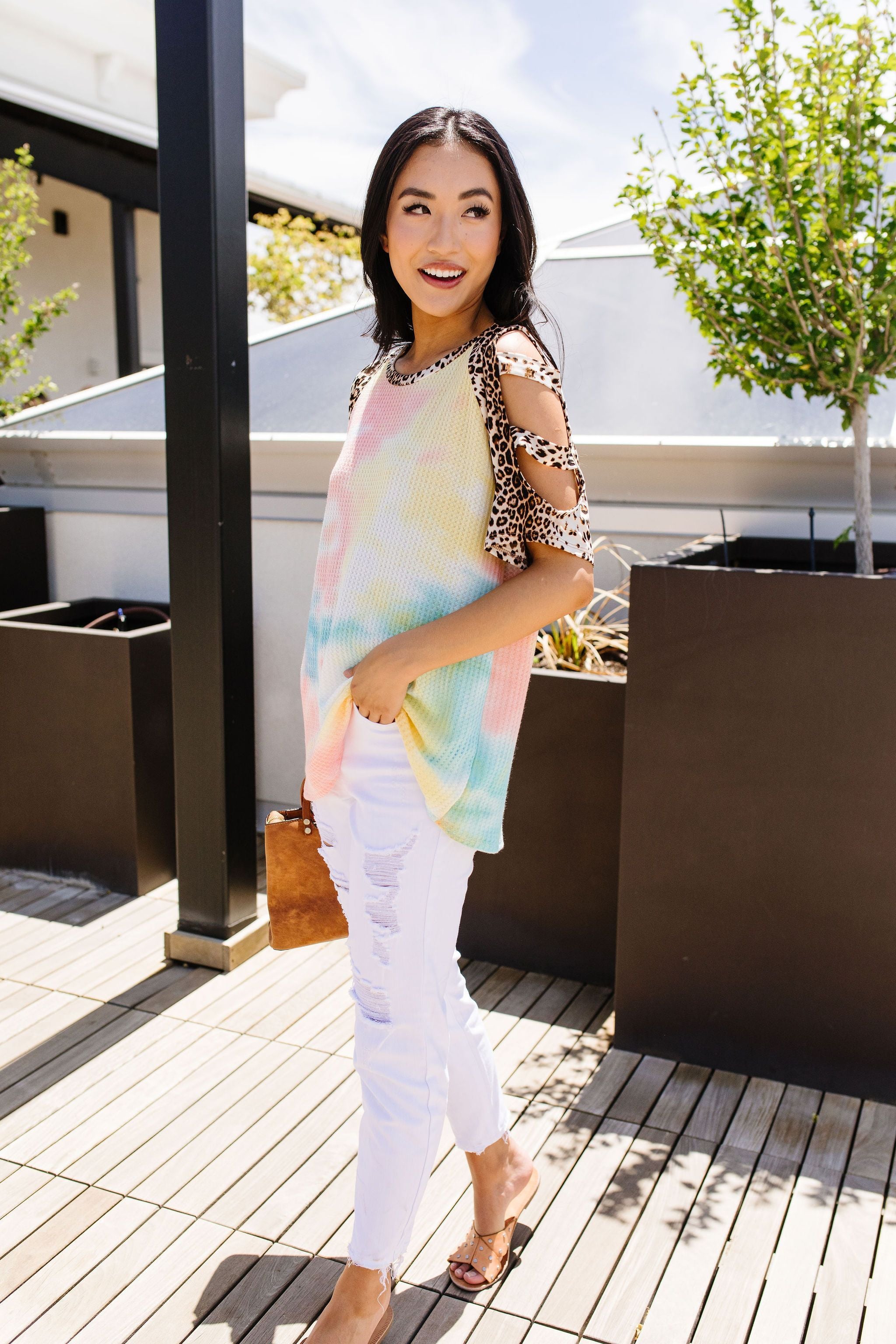 Ladder Sleeve Leopard & Tie Dye Top